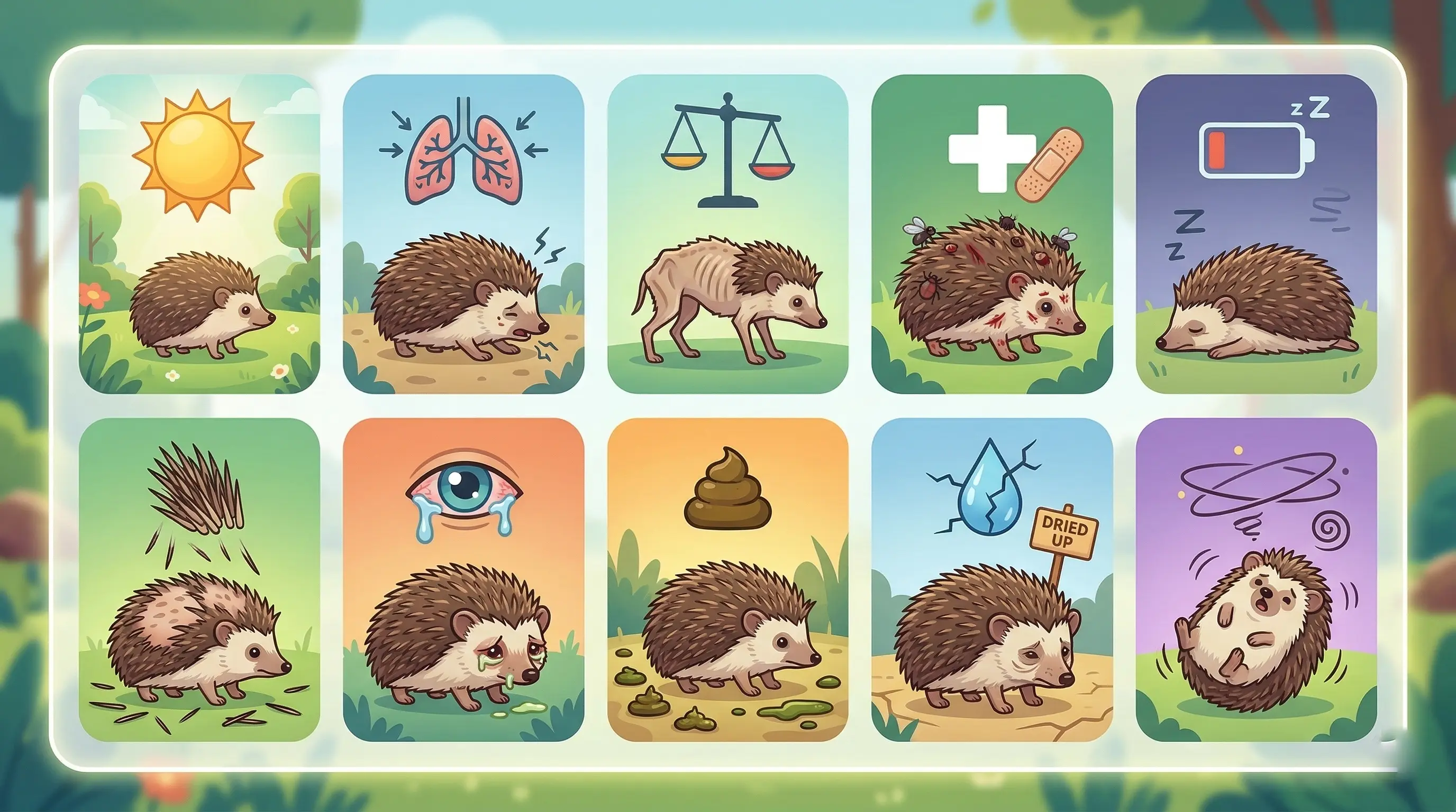 Infographie montrant les 10 signes d'un hérisson malade avec des icônes pour chaque symptôme