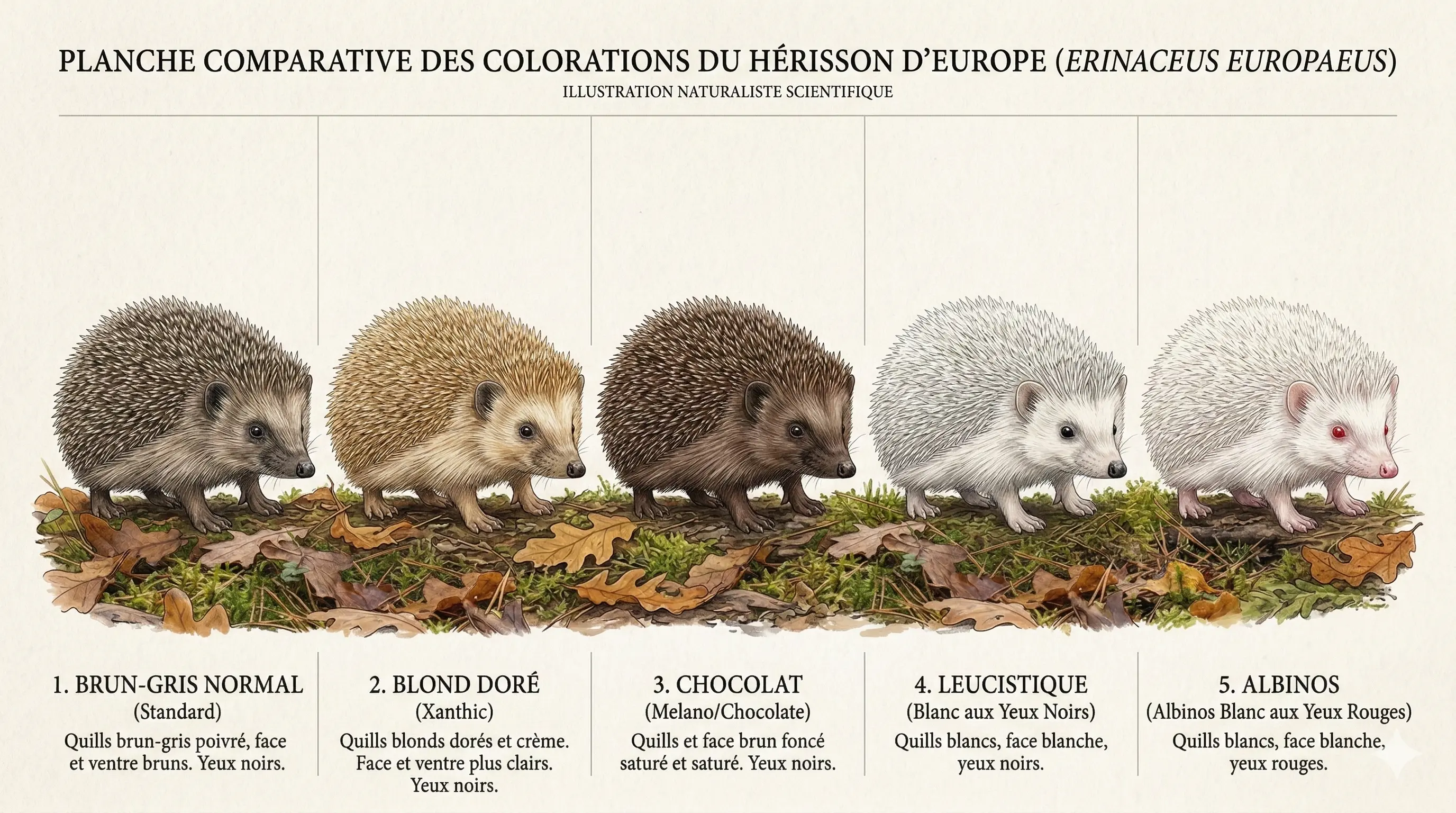 Planche comparative des 5 colorations de hérissons