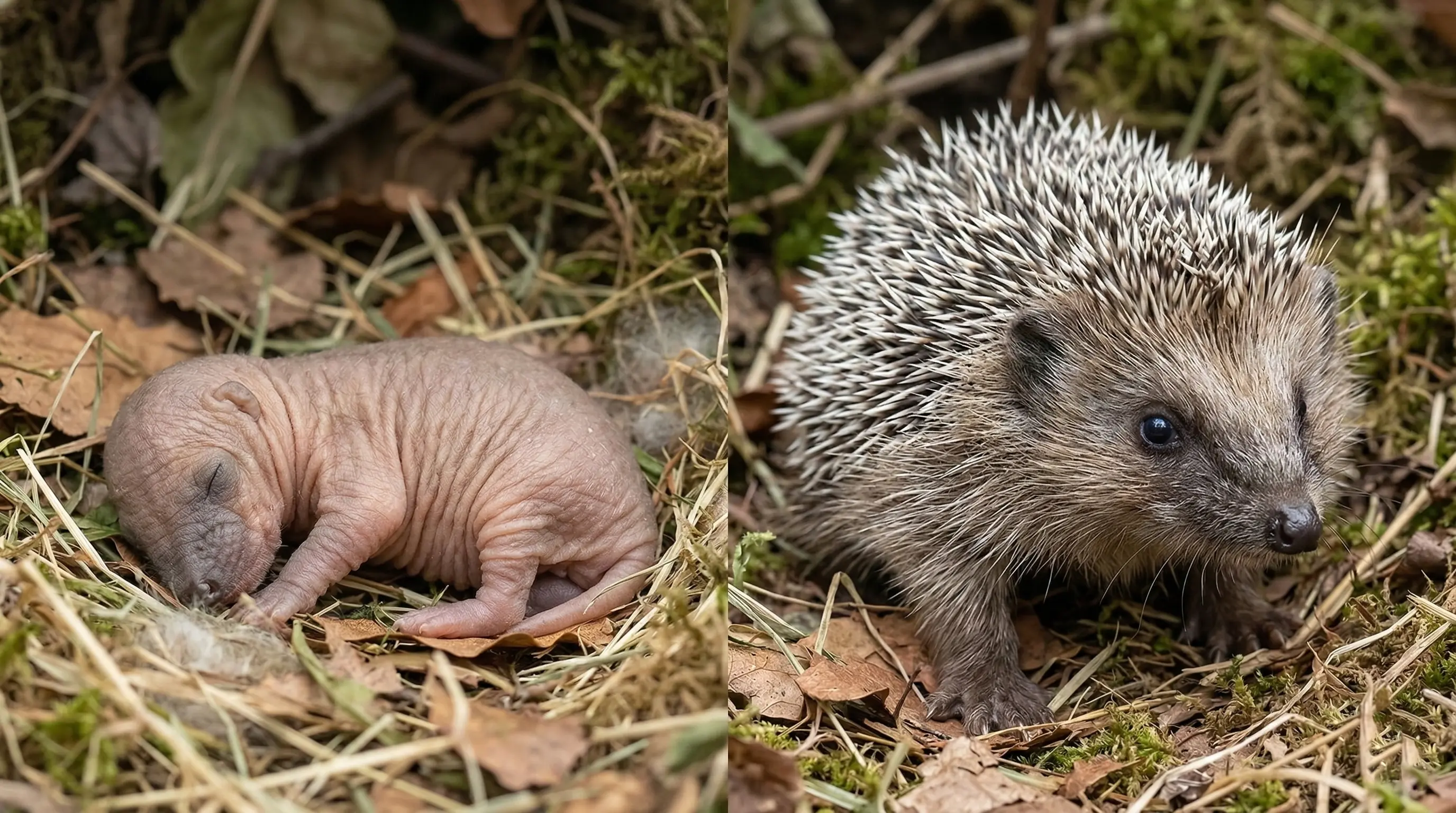 Photo comparative montrant un bébé hérisson nouveau-né à côté d'un bébé hérisson de 2 semaines