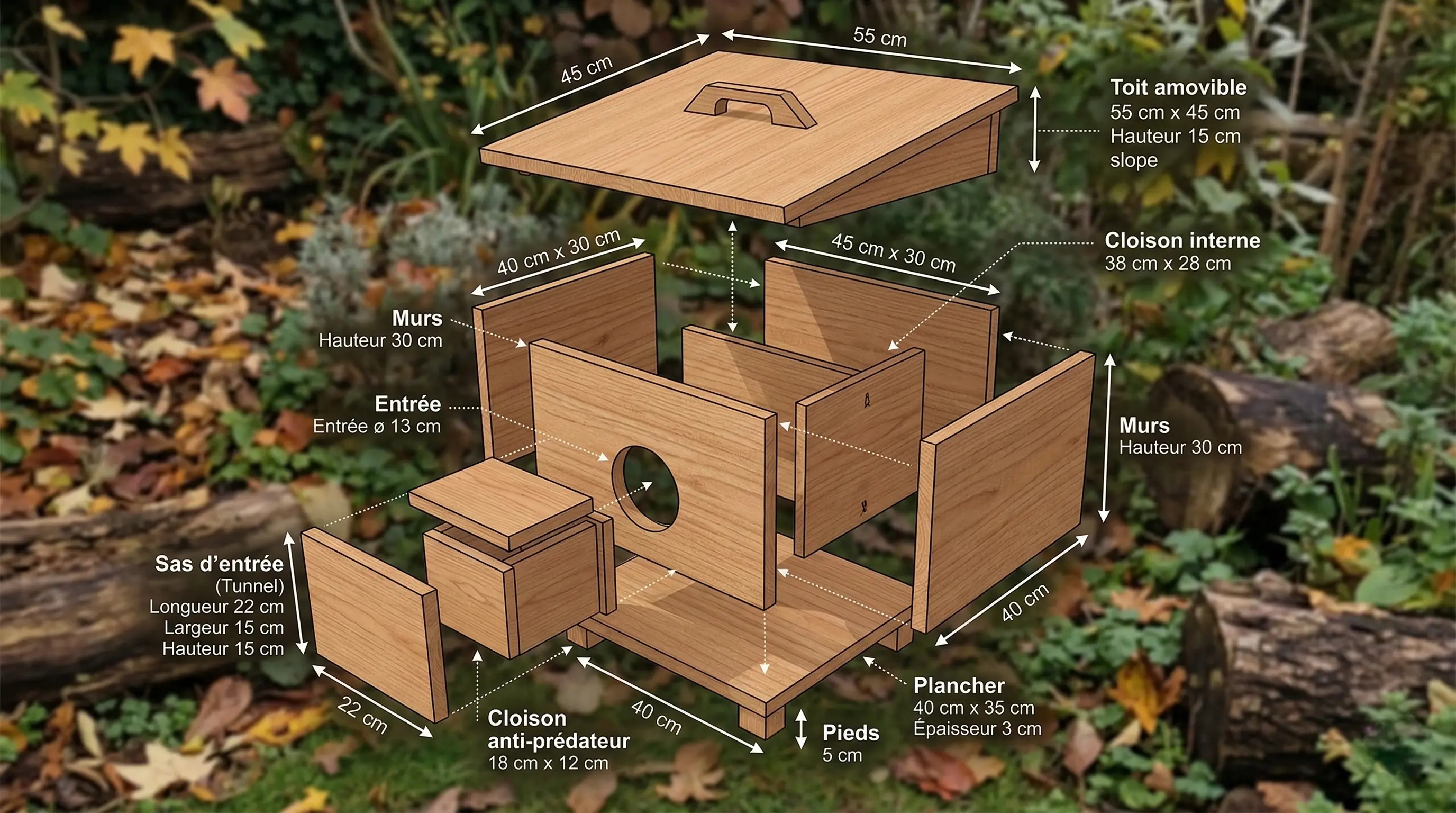 Vue éclatée d'une cabane en bois pour hérisson montrant les différentes pièces avec les dimensions annotées