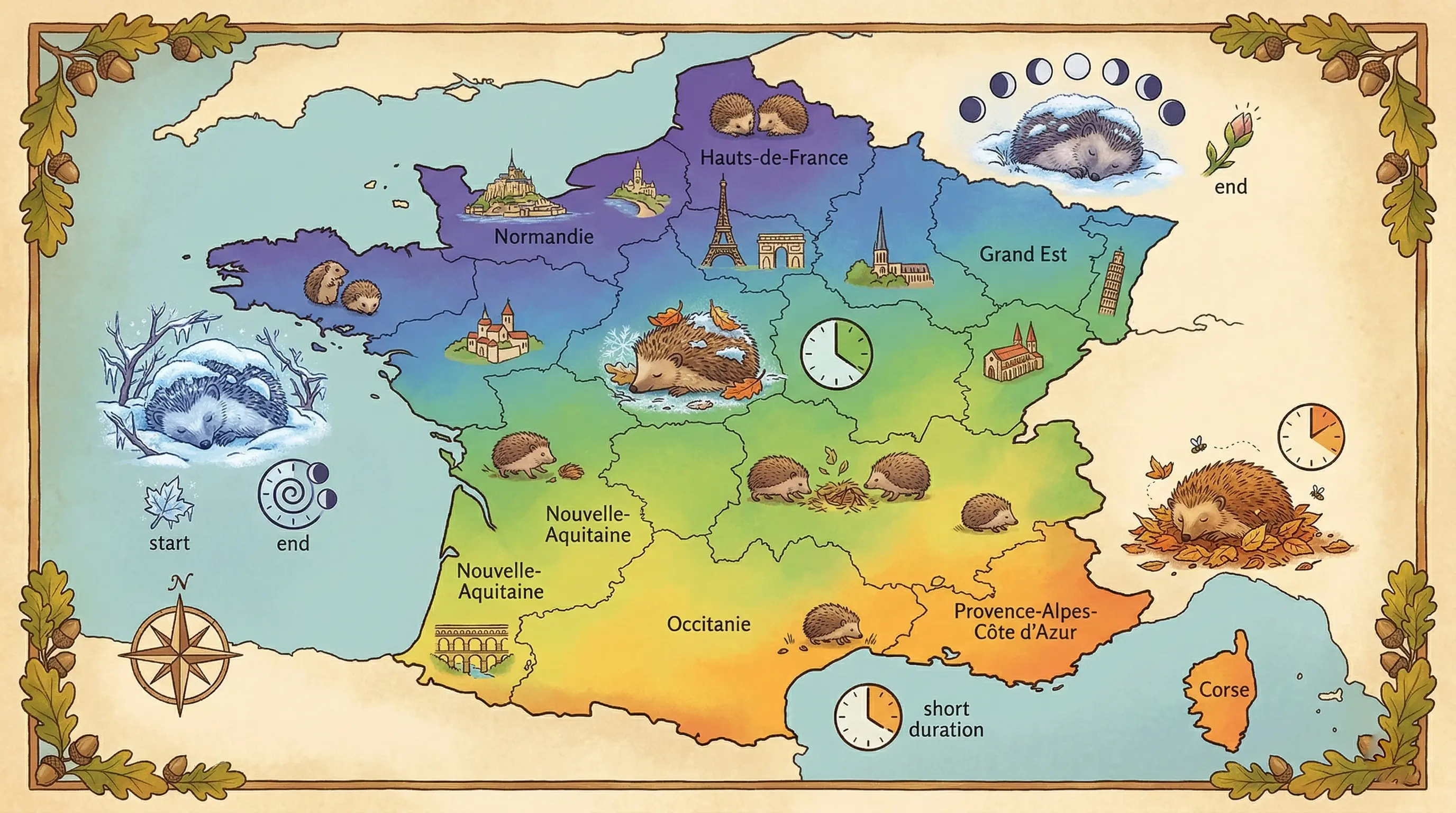 Carte de France illustrée montrant les dates d'hibernation du hérisson par région