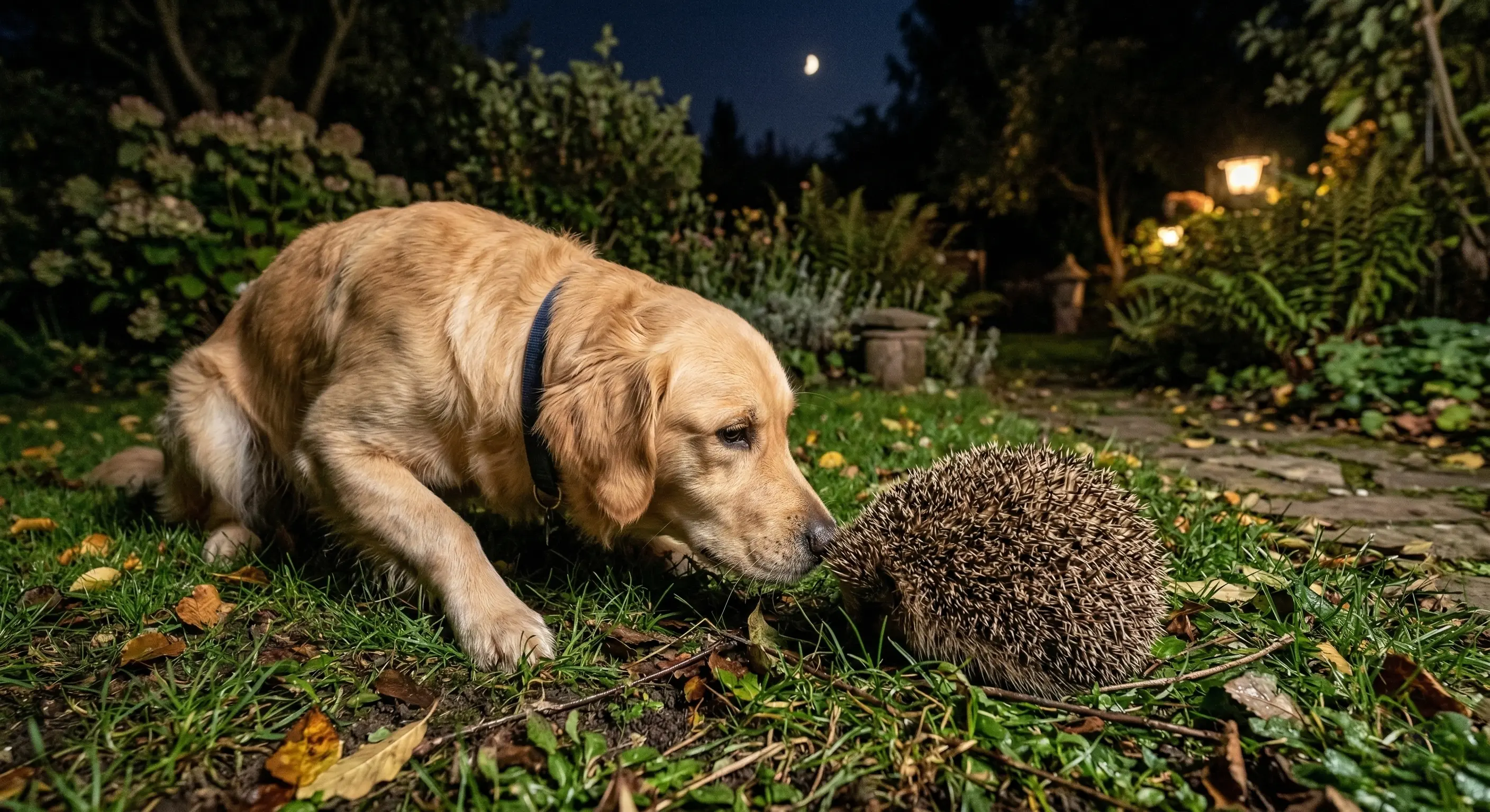 Chien reniflant un hérisson en boule dans un jardin de nuit