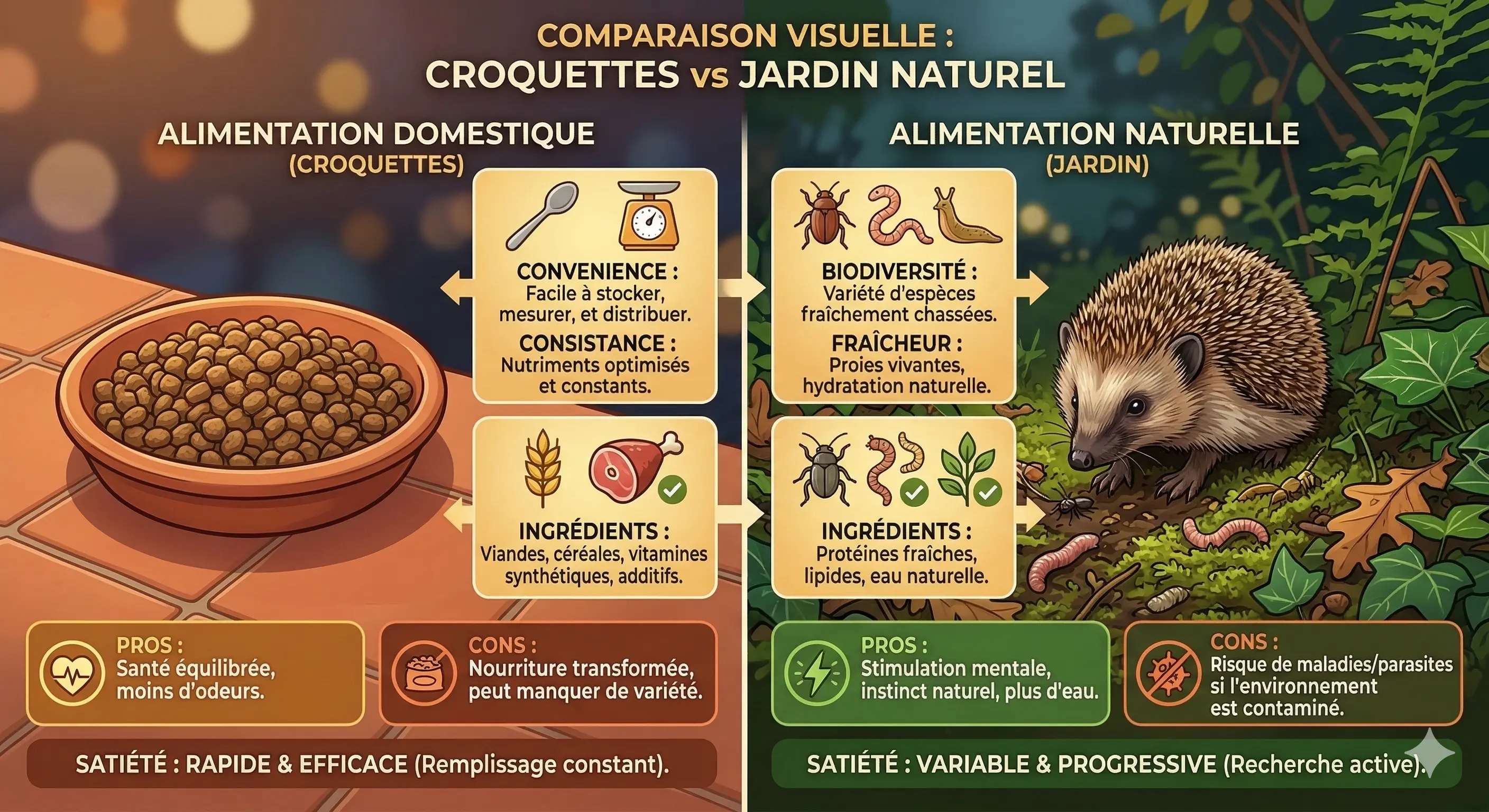 Comparaison gamelle de croquettes vs jardin naturel avec insectes