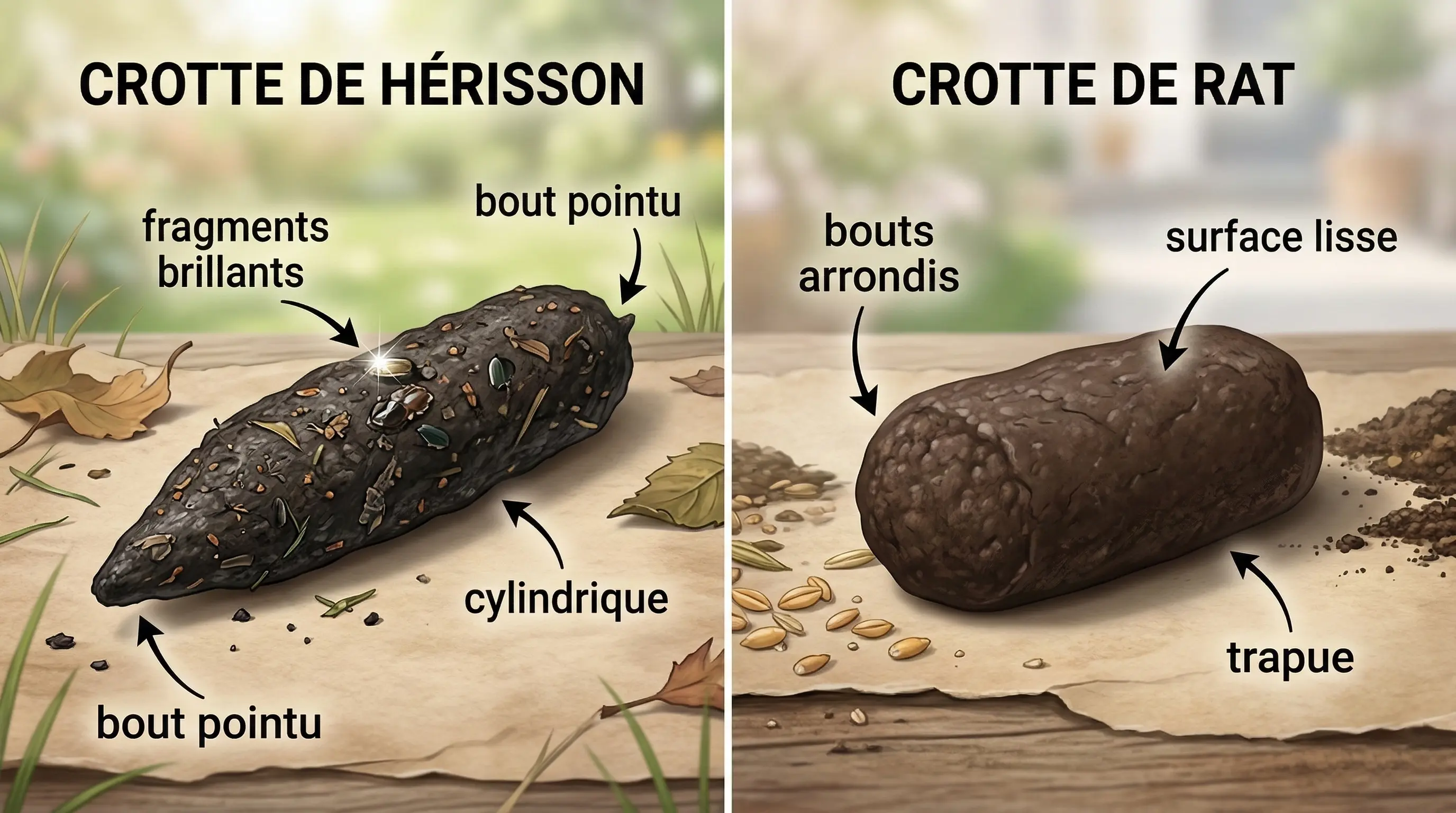 Illustration comparative cote a cote montrant une crotte de herisson et une crotte de rat