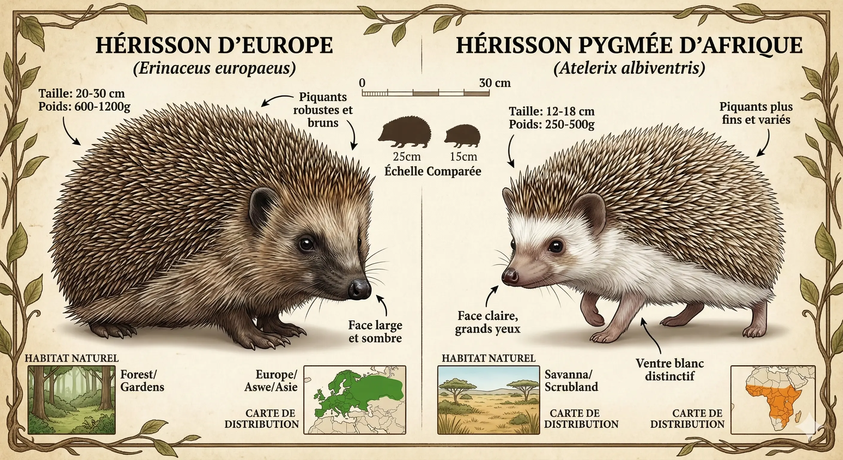 Comparaison hérisson d'Europe et hérisson pygmée d'Afrique