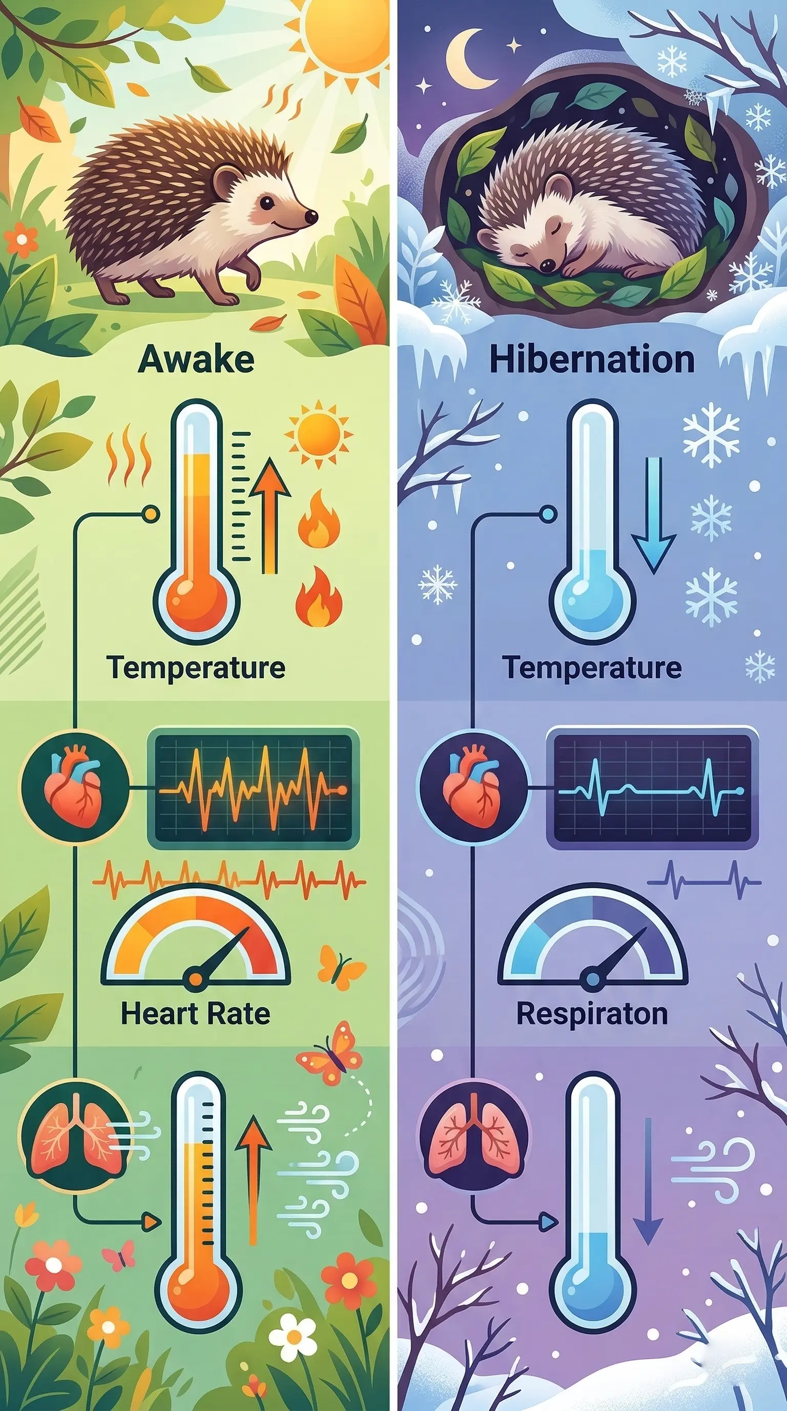 Infographie verticale comparant les constantes vitales du hérisson éveillé vs en hibernation