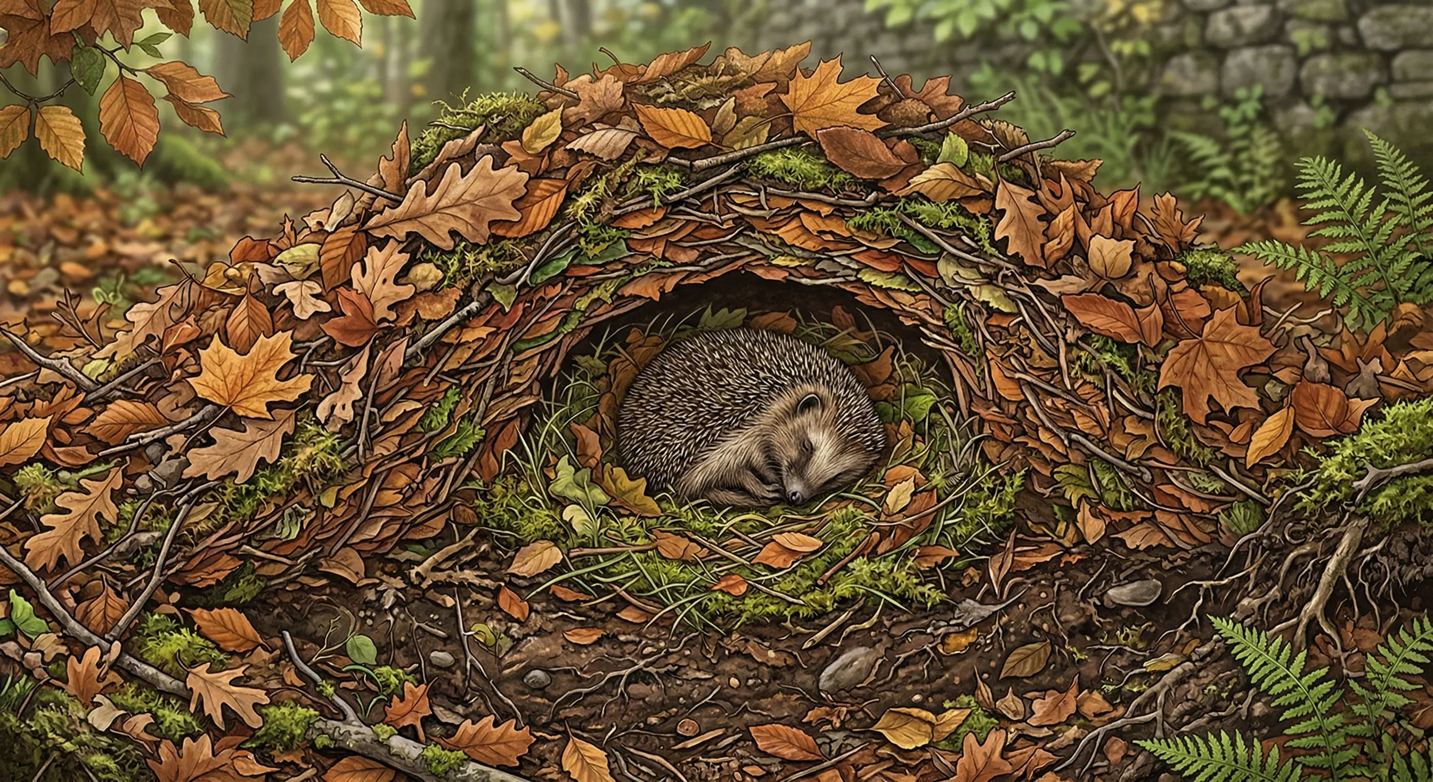 Vue en coupe d'un hibernaculum de hérisson sous un tas de feuilles