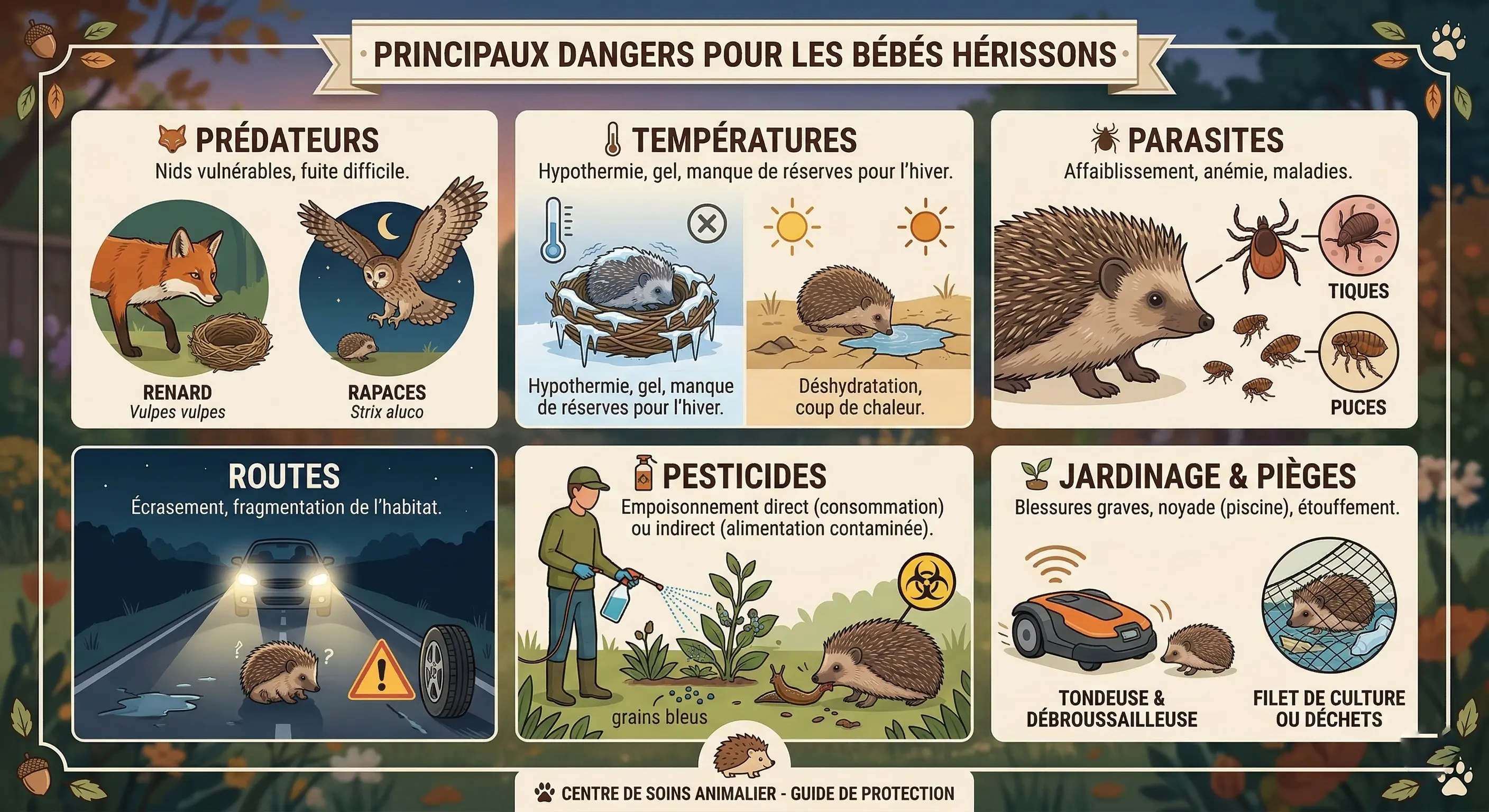 Infographie des principaux dangers pour les bébés hérissons