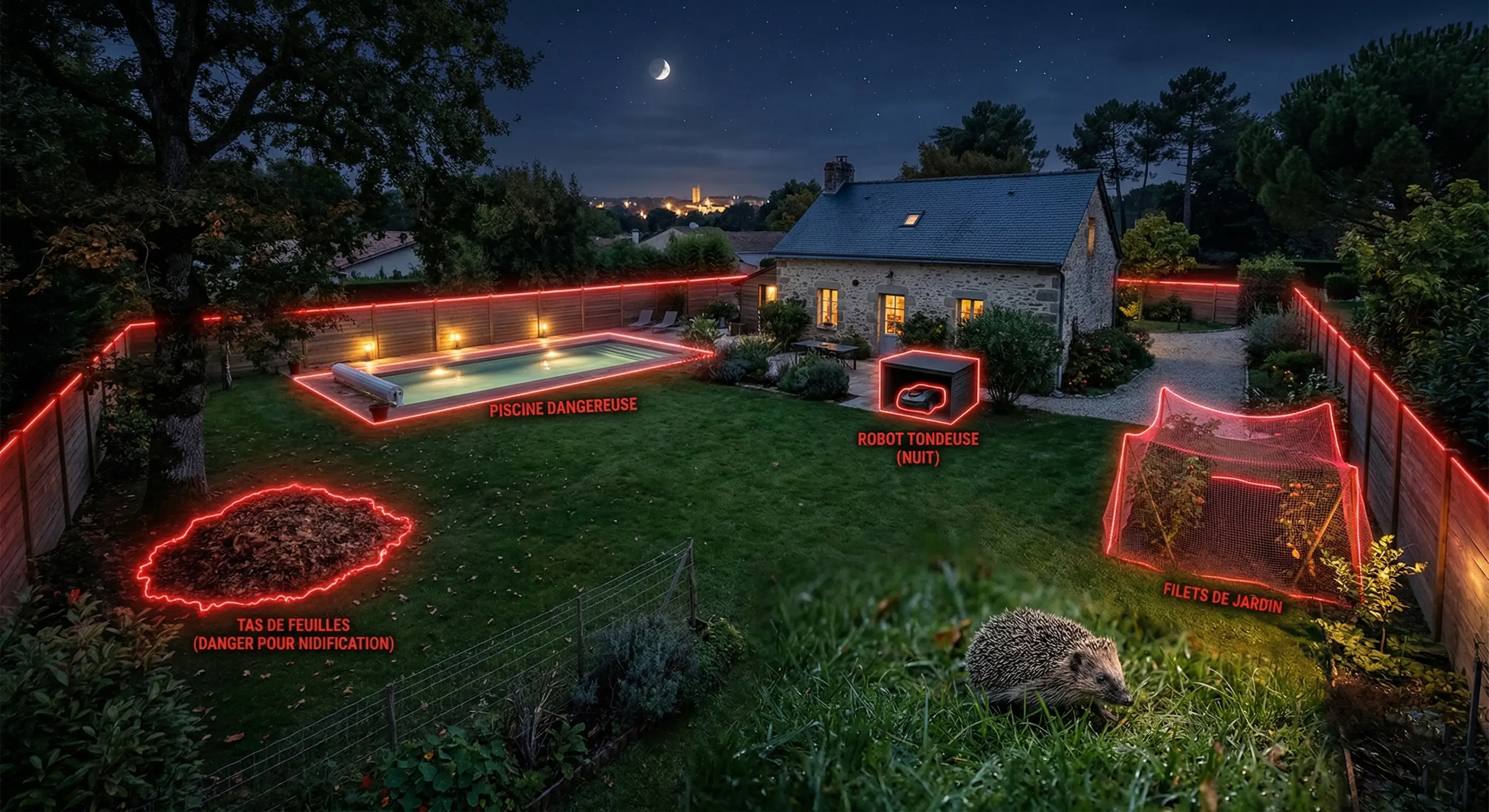 Vue d'ensemble d'un jardin résidentiel montrant les zones de danger pour les hérissons : piscine, robot tondeuse, filets et clôtures