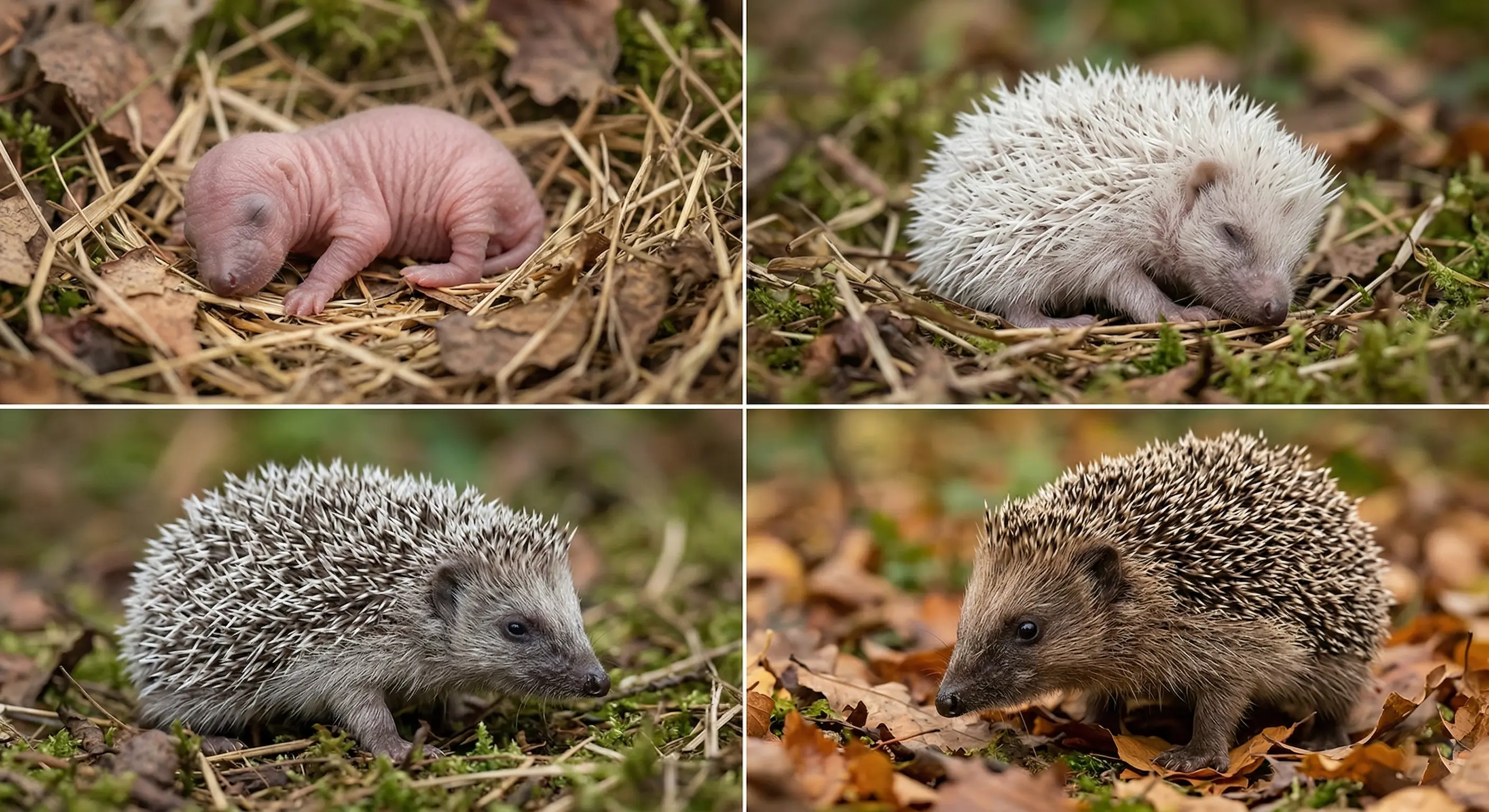 Séquence de 4 photos montrant le développement des piquants du bébé hérisson