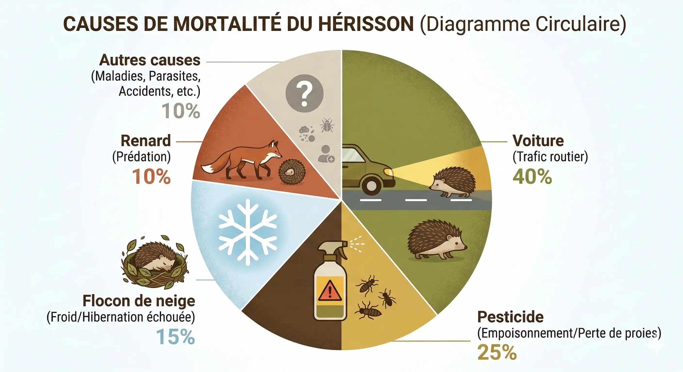 Diagramme circulaire des causes de mortalité du hérisson