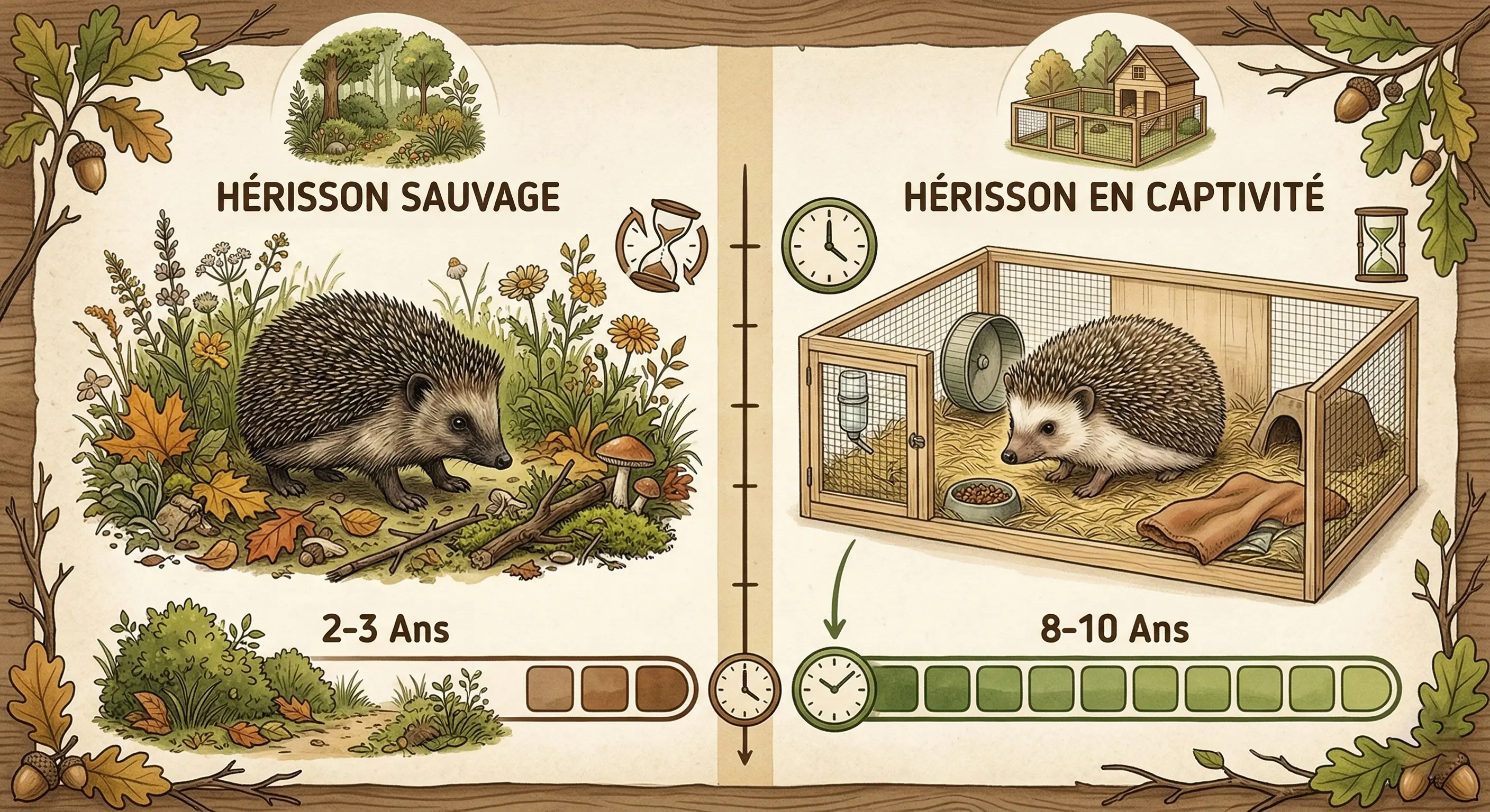 Infographie comparative de la durée de vie d'un hérisson sauvage vs en captivité