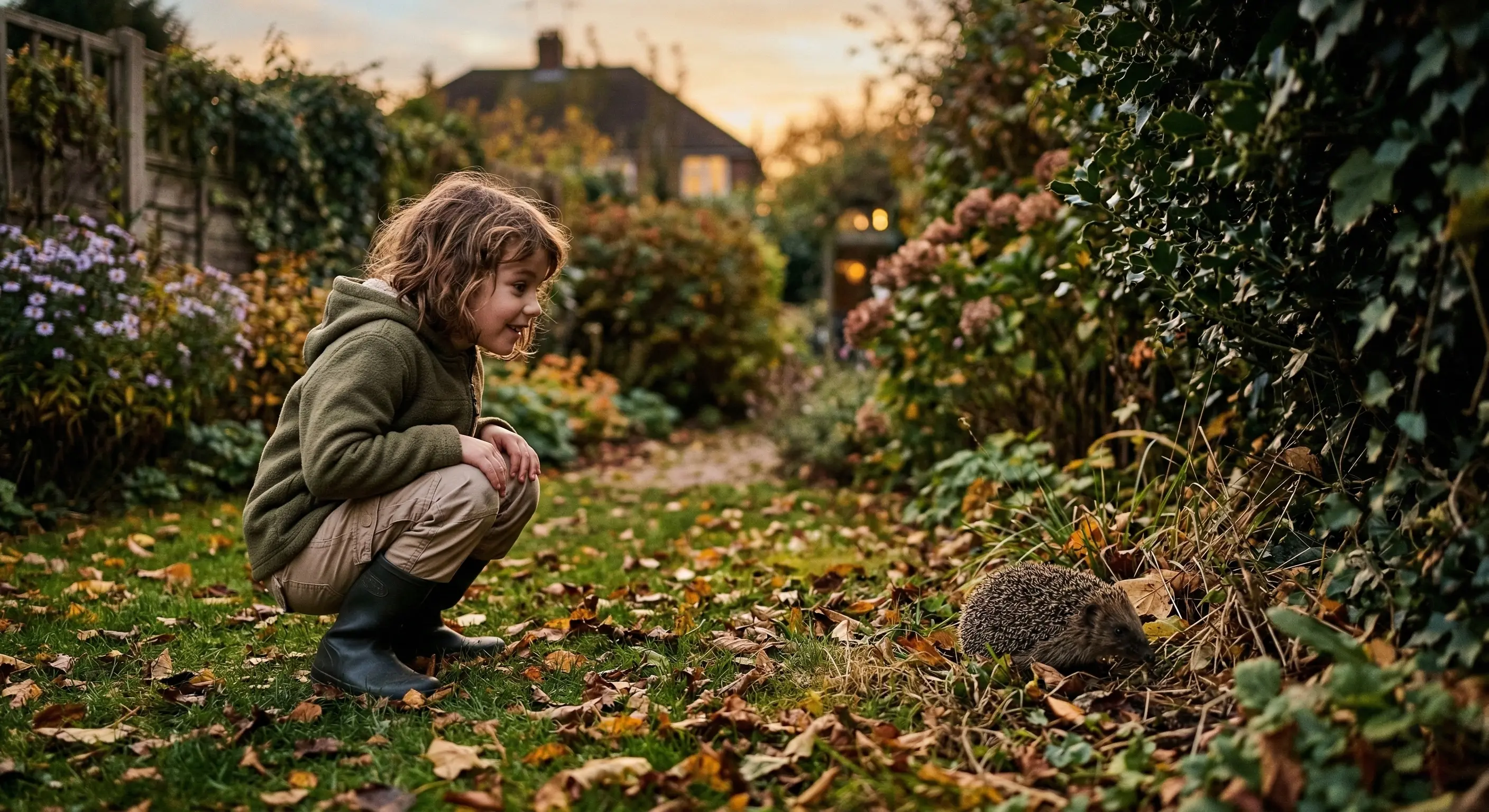 Enfant observant un hérisson depuis une distance respectueuse dans un jardin au crépuscule