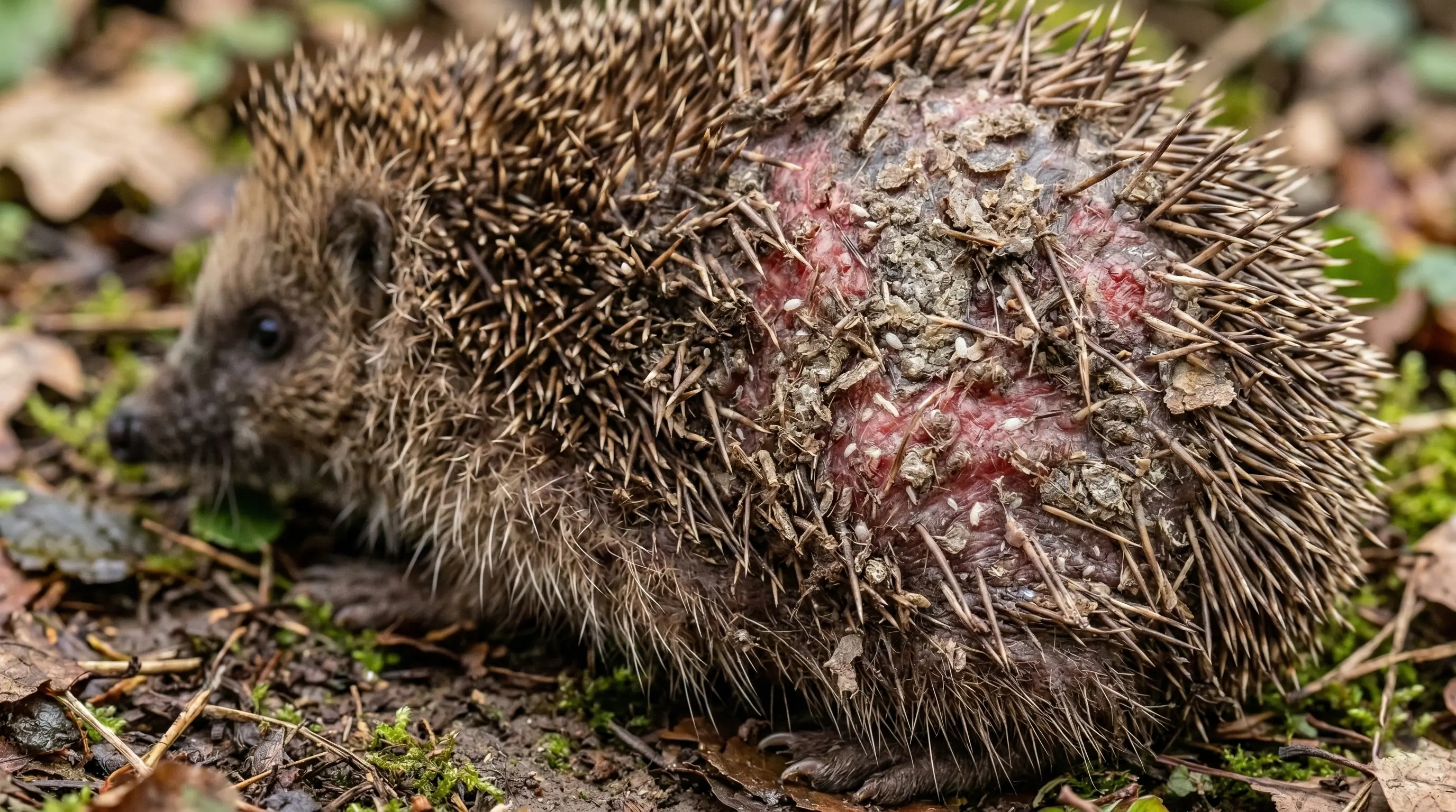 Gros plan sur la peau d'un hérisson avec début de perte de piquants montrant les acariens et les croûtes caractéristiques de la gale