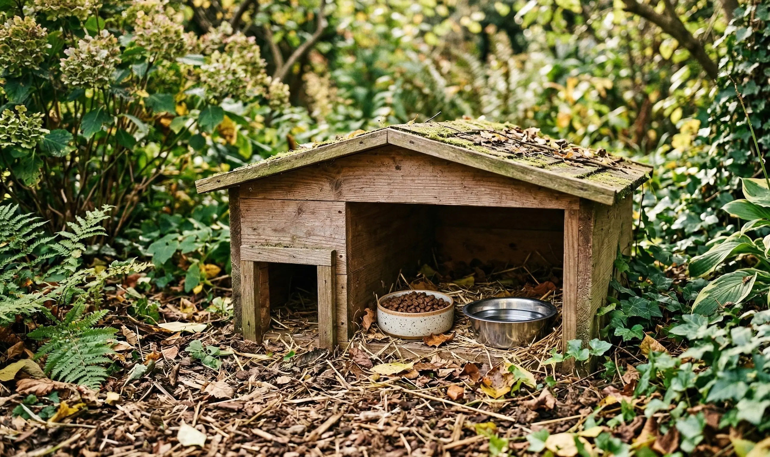 Photo d'une gamelle de croquettes pour chat disposée dans un abri anti-chat pour hérisson, avec un bol d'eau à côté