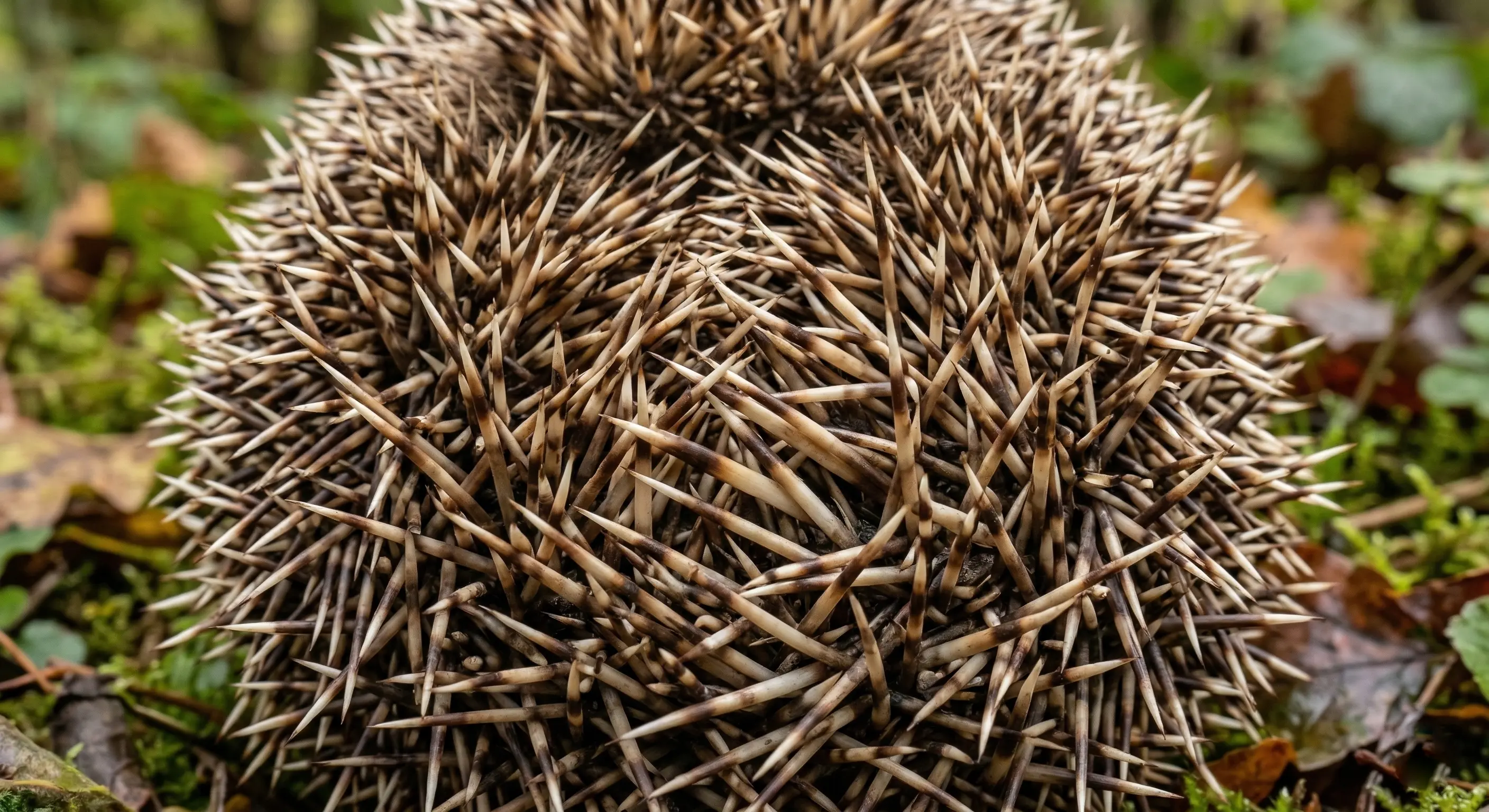 Gros plan macro sur les piquants d'un hérisson en boule montrant les bandes de couleur brun et crème