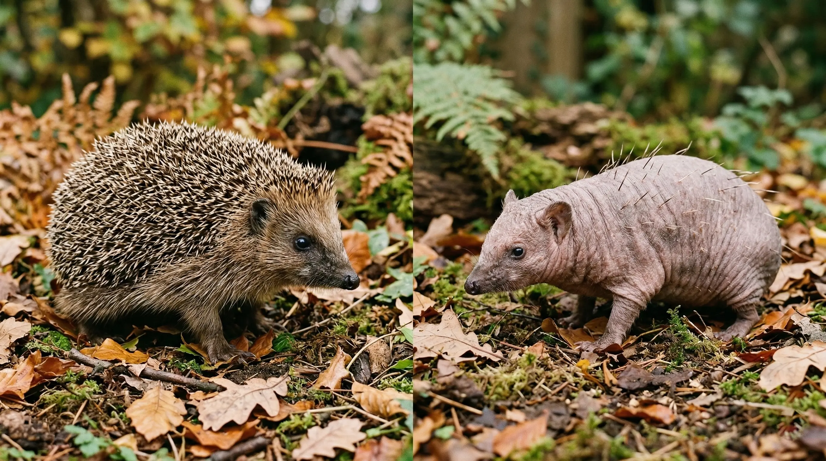 Comparaison côte à côte d'un hérisson avec piquants en bonne santé et d'un hérisson atteint d'alopécie (sans piquants), montrant la différence d'apparence