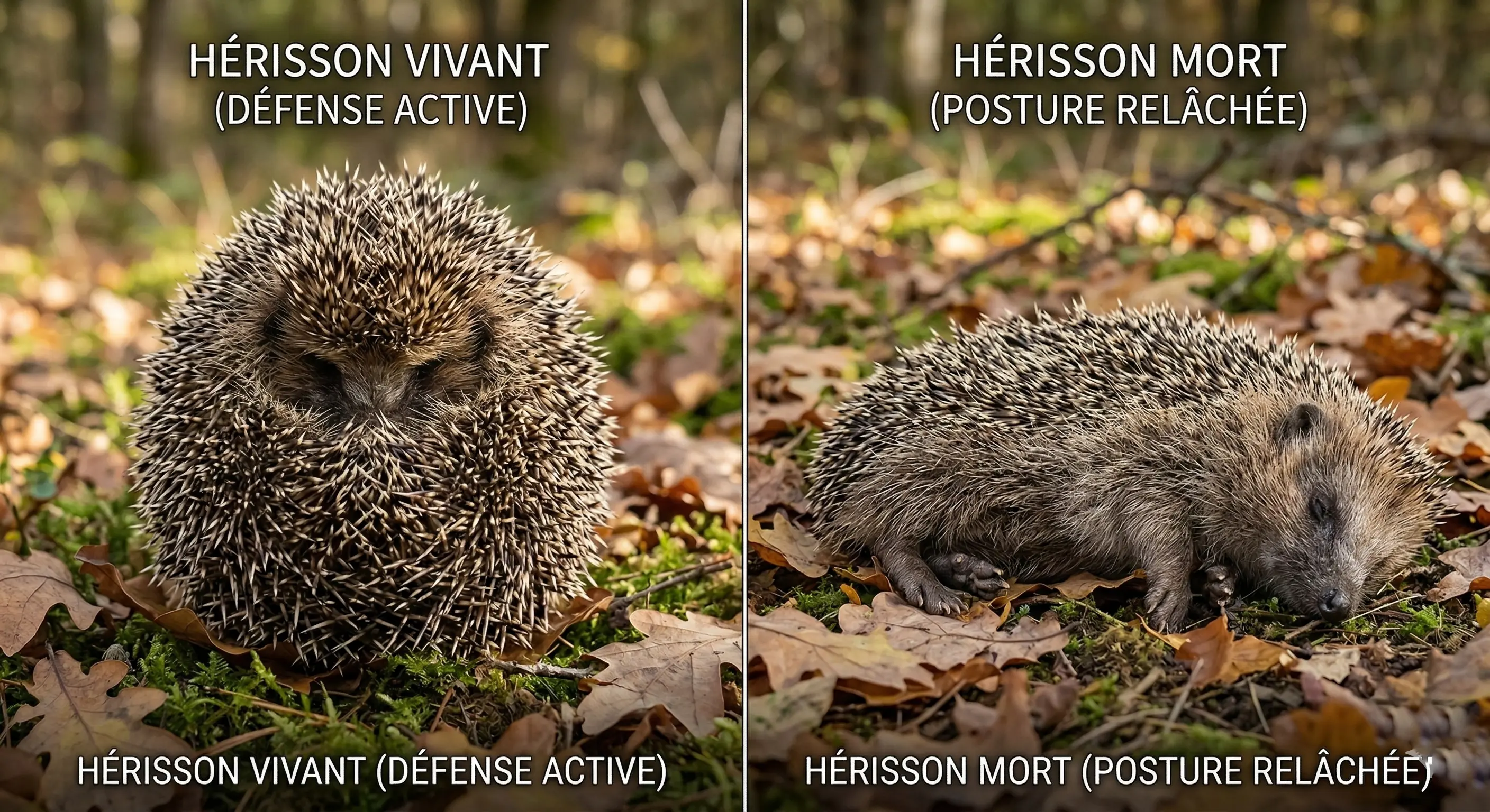 Comparaison côte à côte d'un hérisson vivant en boule vs un hérisson mort