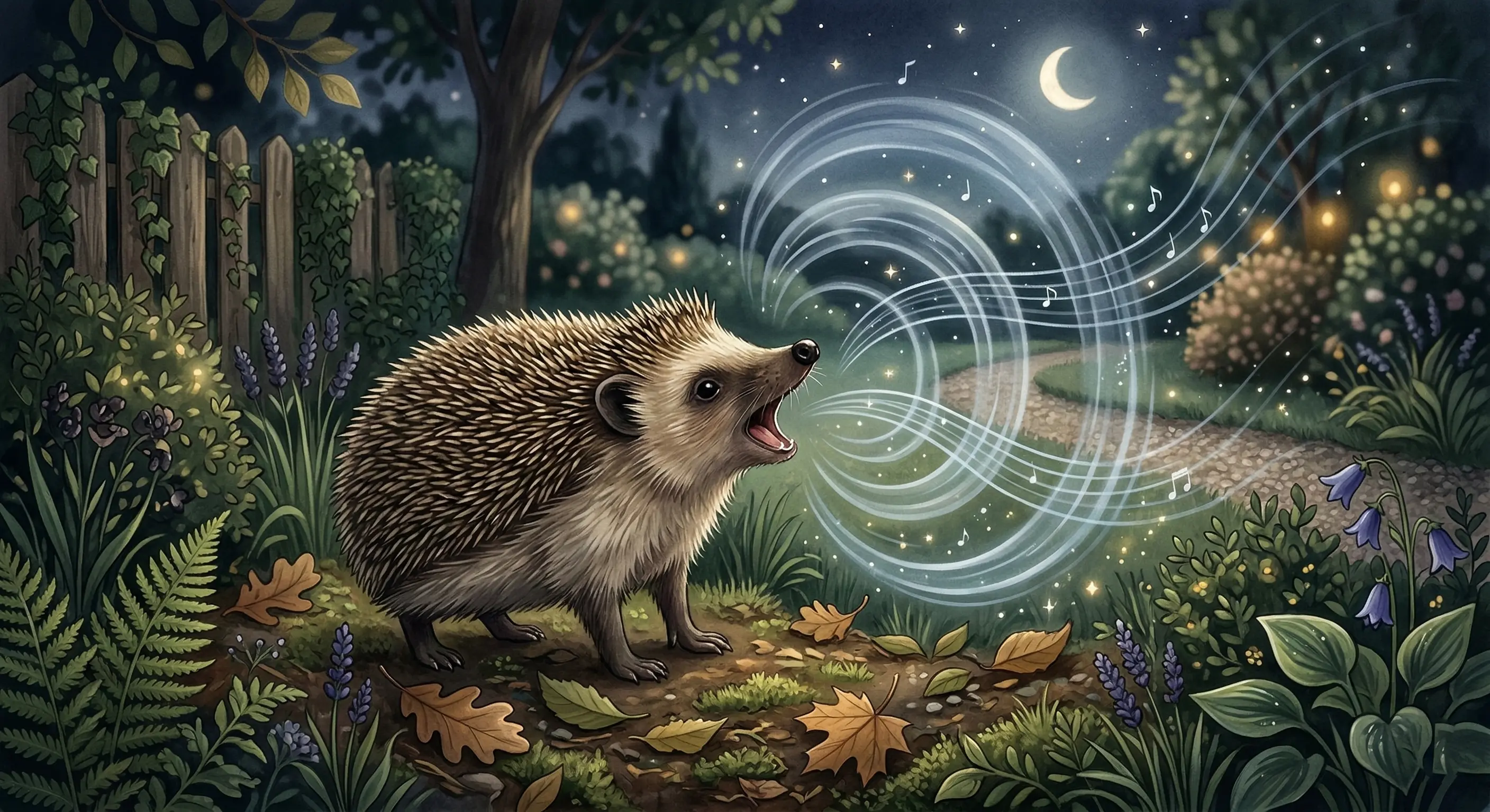 Illustration d'un hérisson européen dans un jardin la nuit, la bouche ouverte comme s'il émettait un son