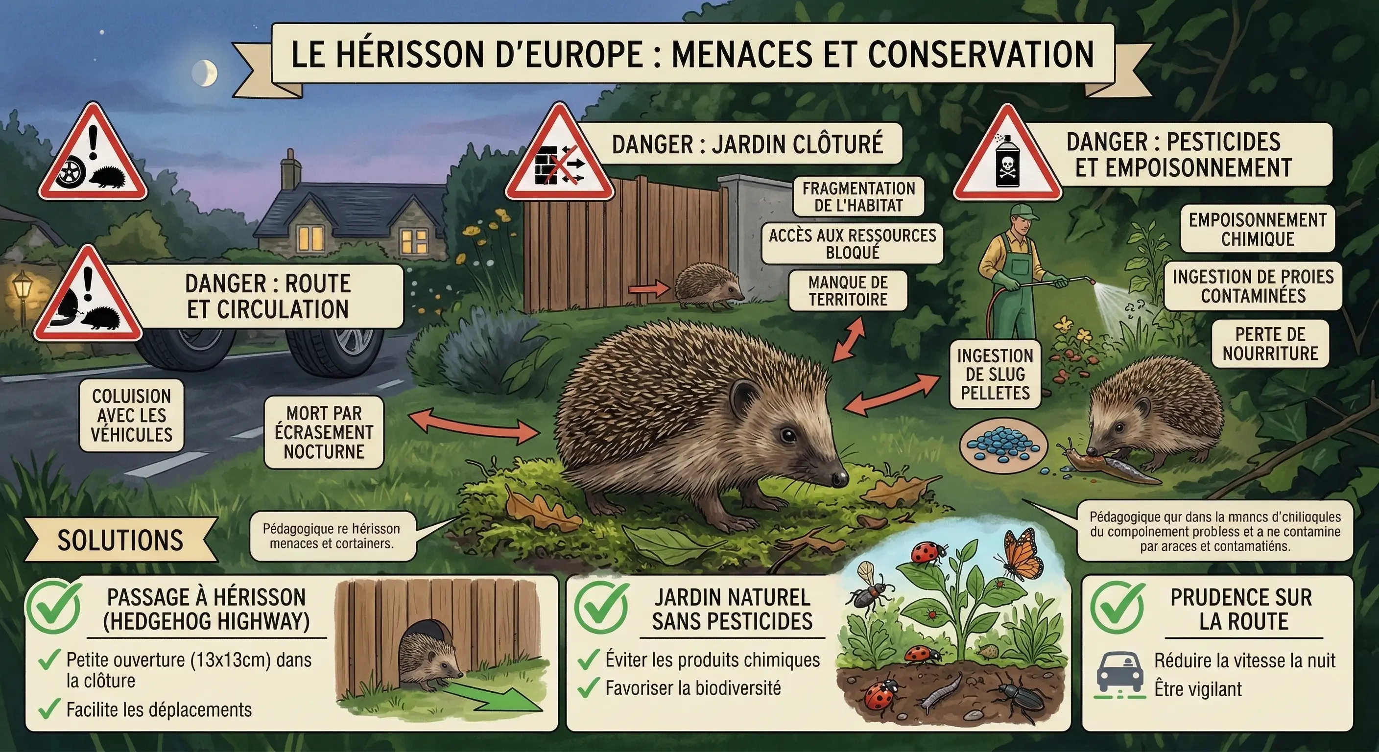 Hérisson dans un environnement menacé avec icônes de danger