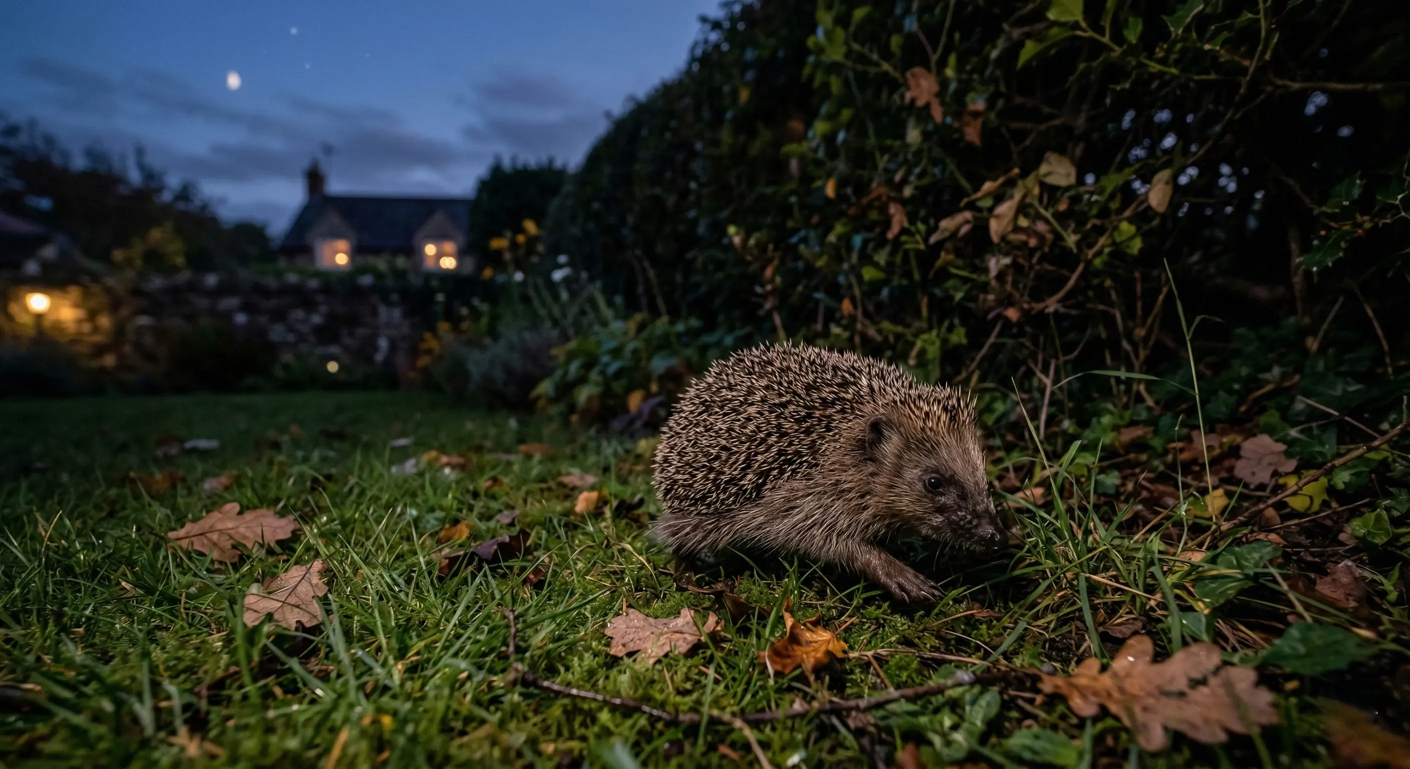 Hérisson d'Europe en déplacement nocturne dans un jardin