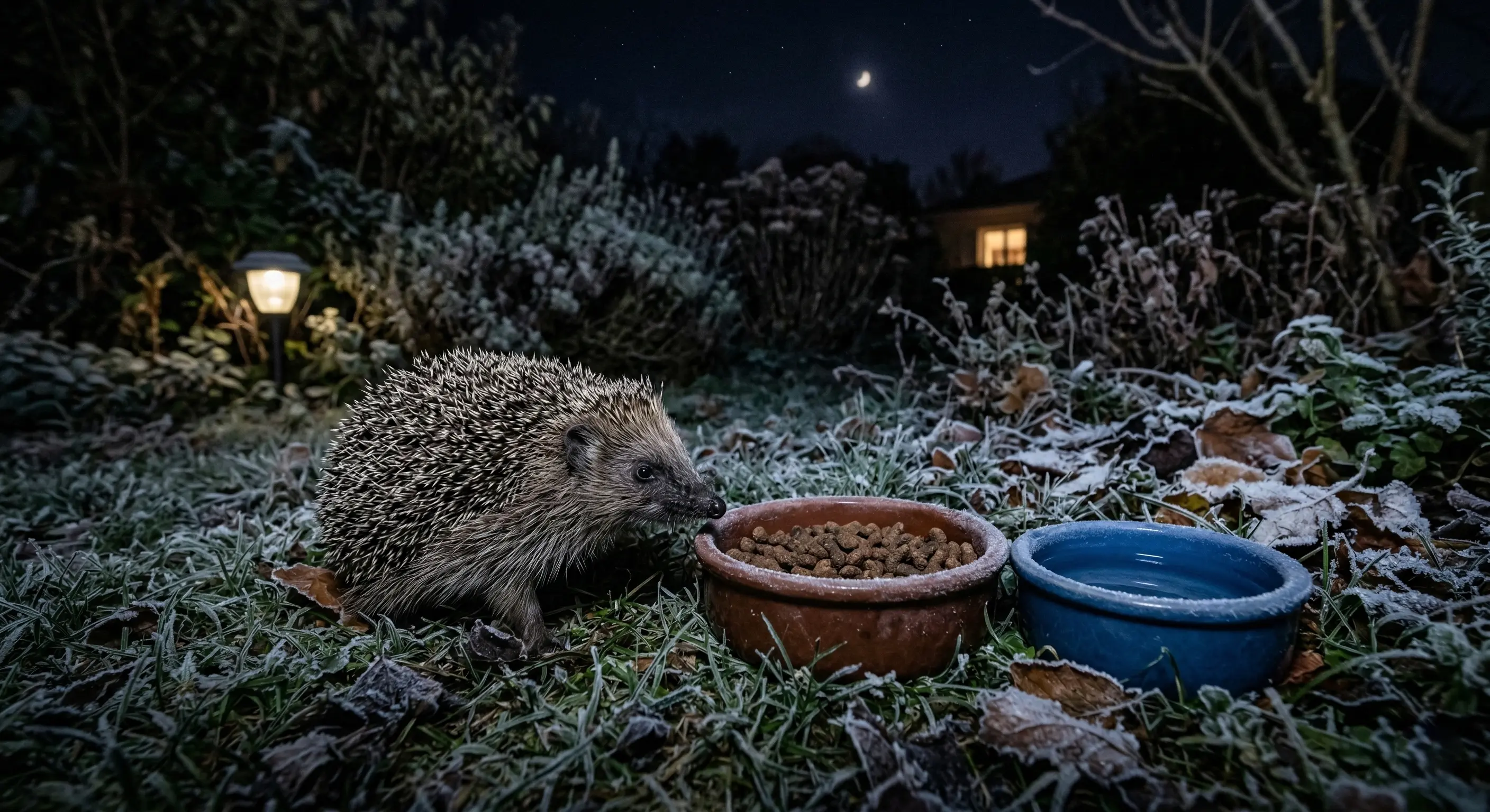Hérisson européen à côté d'une gamelle de croquettes et d'un bol d'eau dans un jardin d'hiver avec de la gelée blanche sur l'herbe