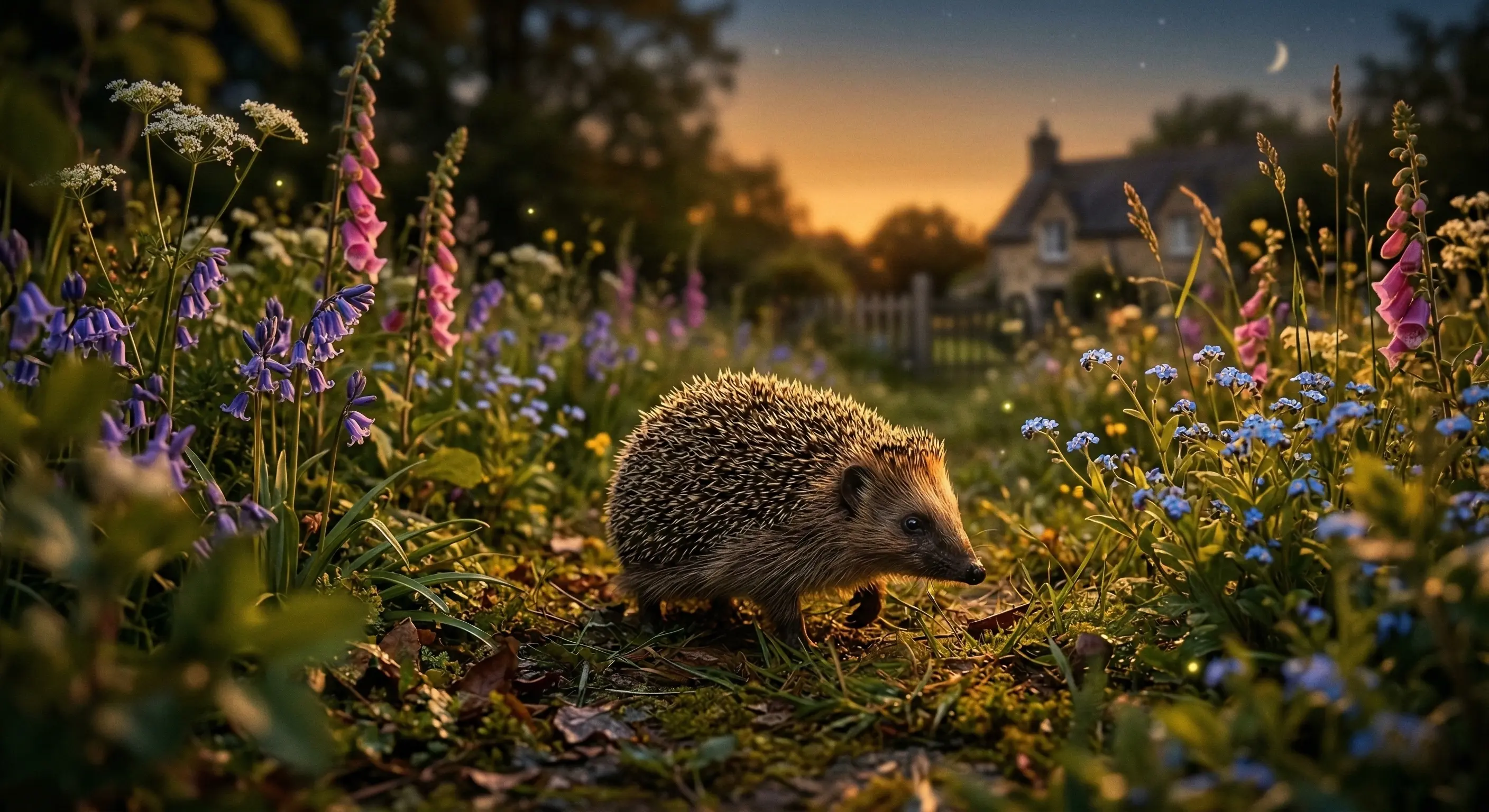Hérisson dans un jardin au crépuscule, entouré de fleurs sauvages et de lumière dorée, ambiance paisible et spirituelle
