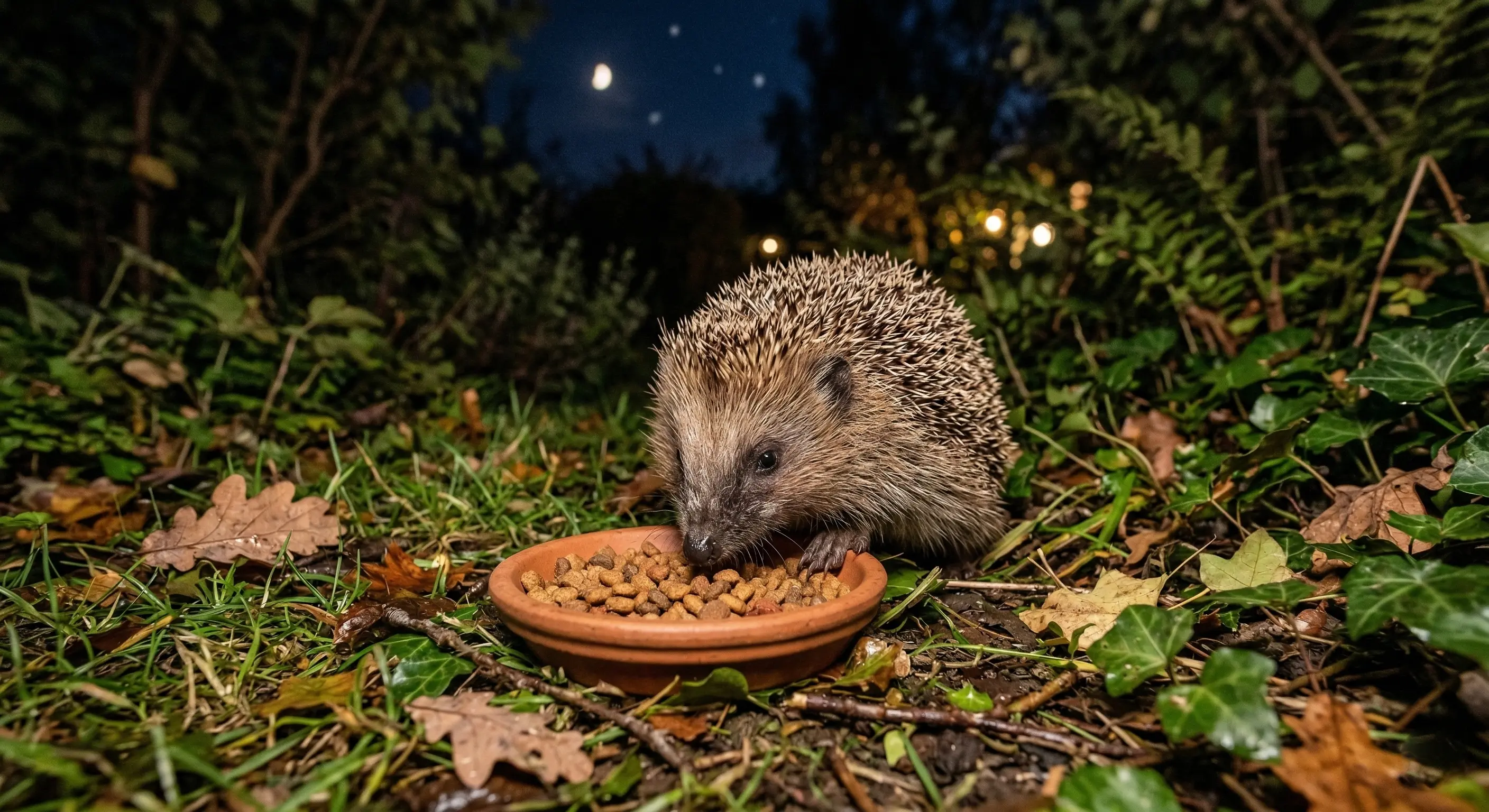 Hérisson mangeant des croquettes dans un jardin de nuit