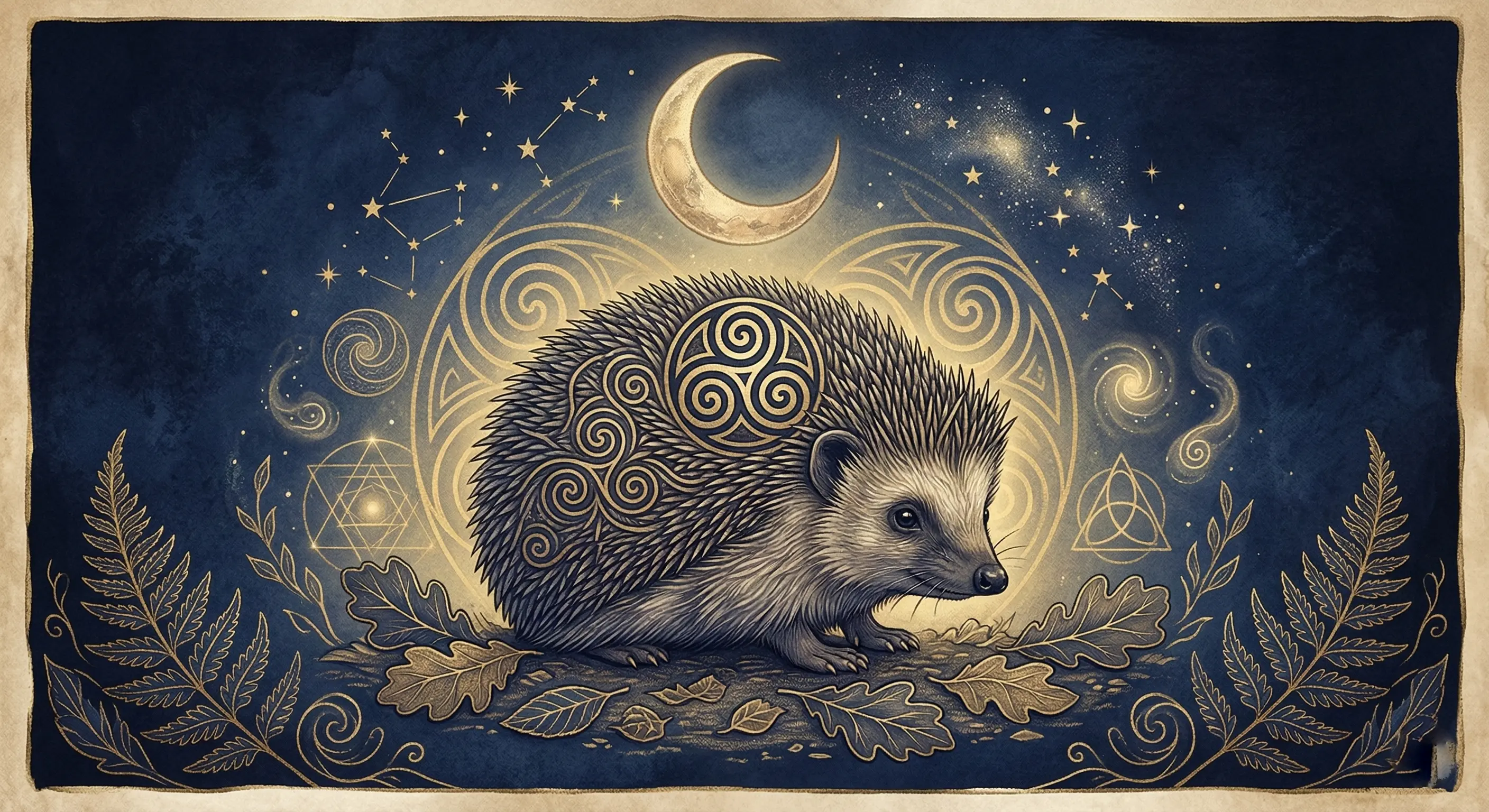 Illustration onirique et spirituelle d'un hérisson entouré de symboles culturels celtes, croissant de lune et étoiles
