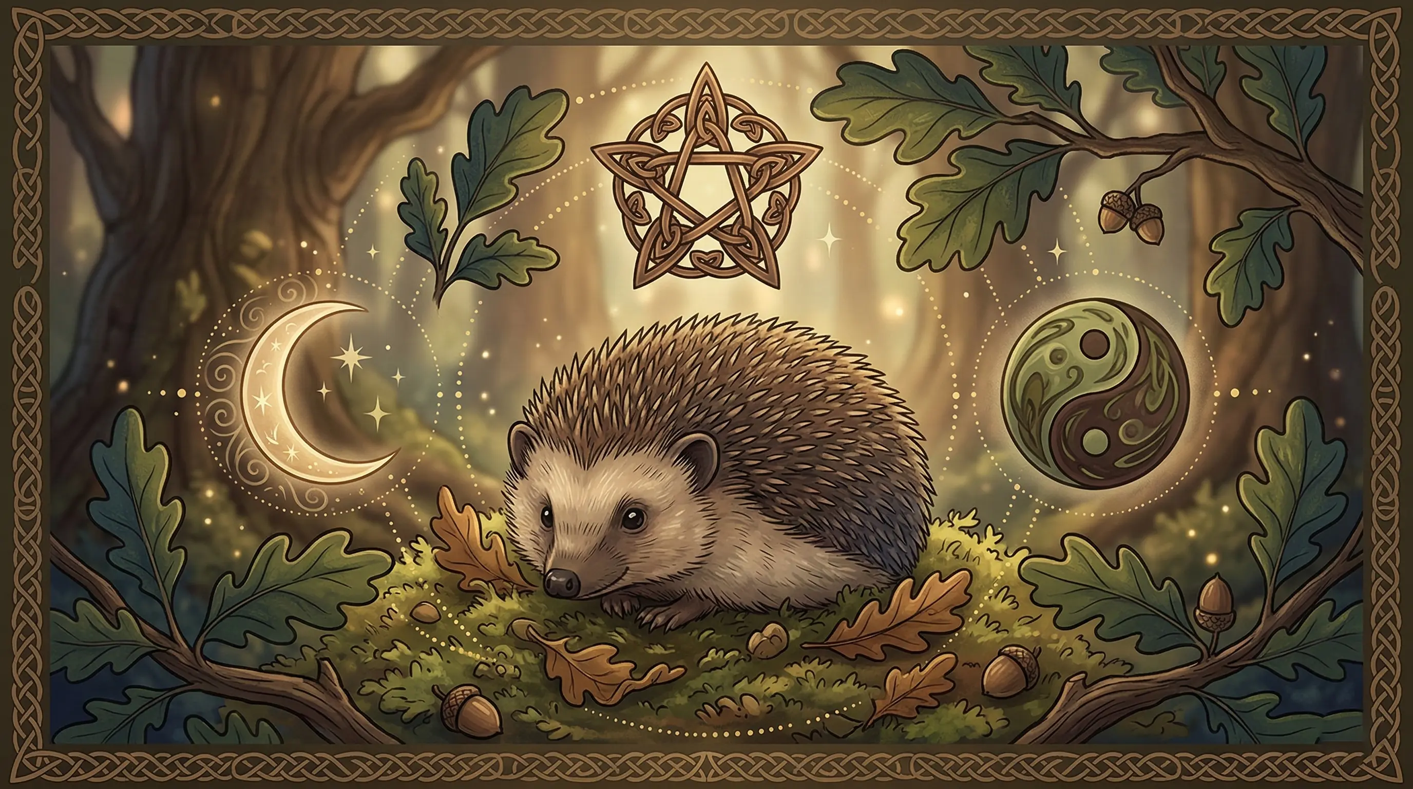 Illustration artistique d'un hérisson entouré de symboles spirituels de différentes cultures