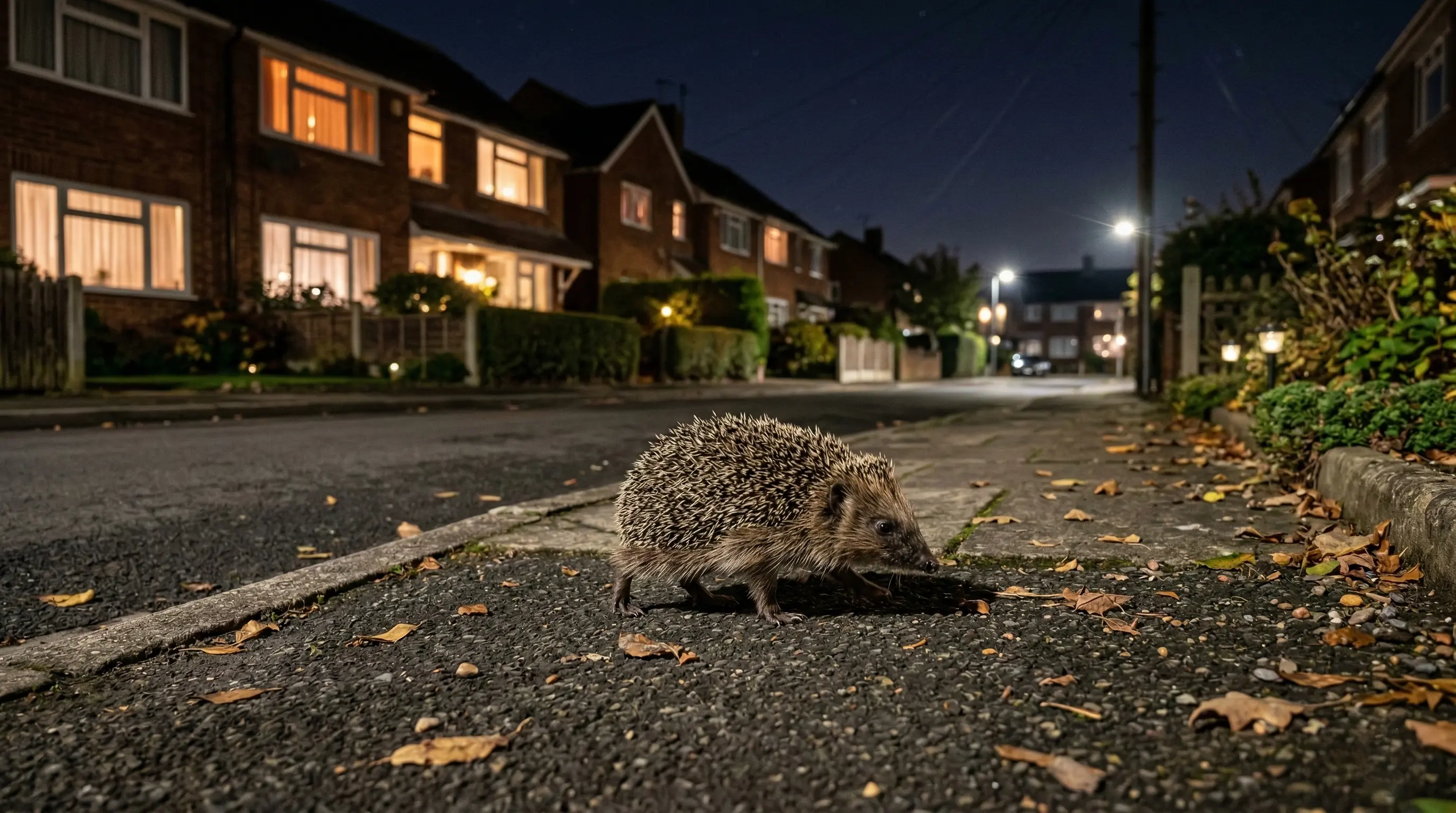Hérisson traversant un trottoir en ville la nuit, avec en arrière-plan des maisons avec jardins éclairés