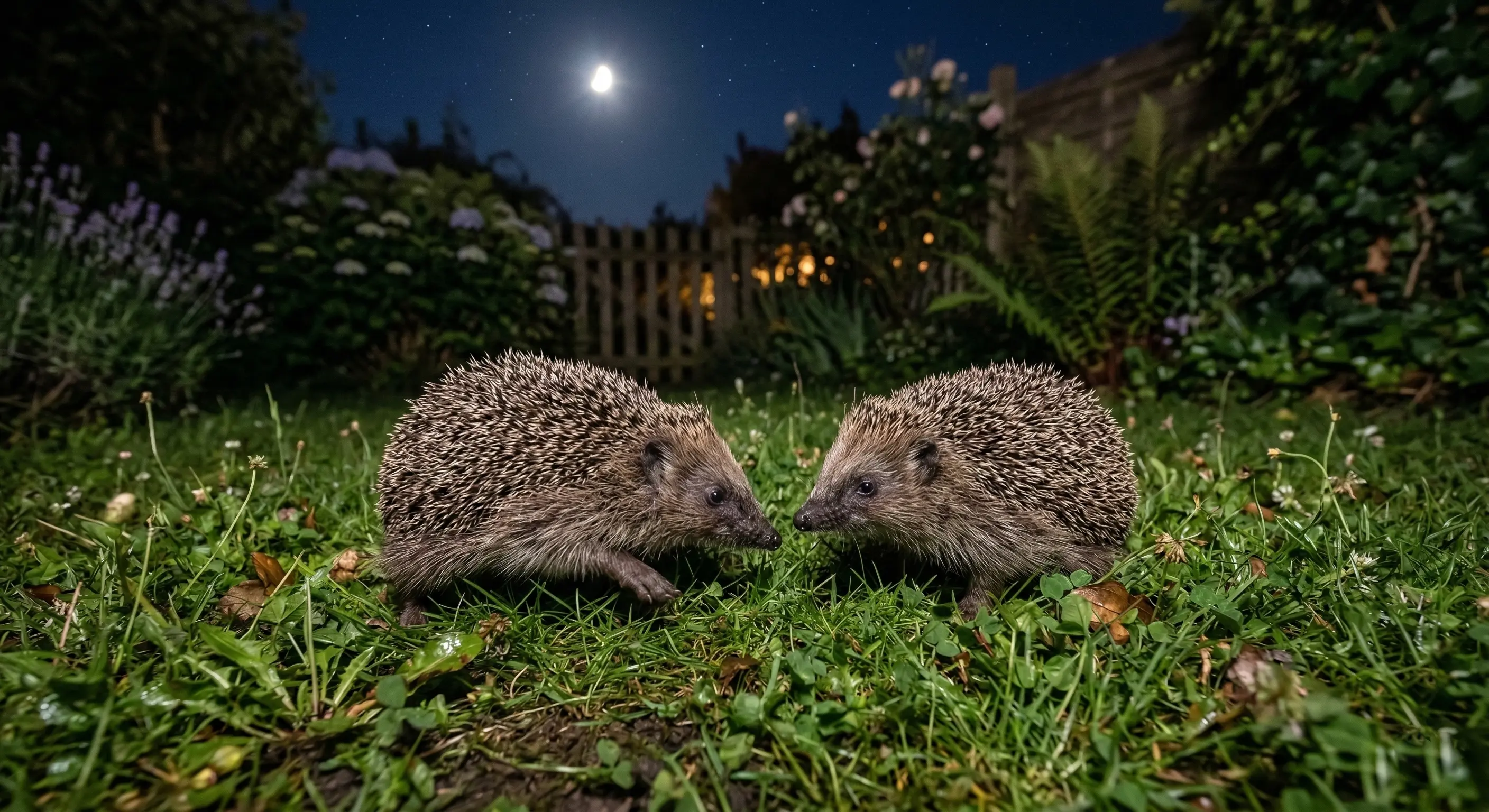 Deux hérissons européens face à face lors d'un rituel de parade nuptiale de nuit