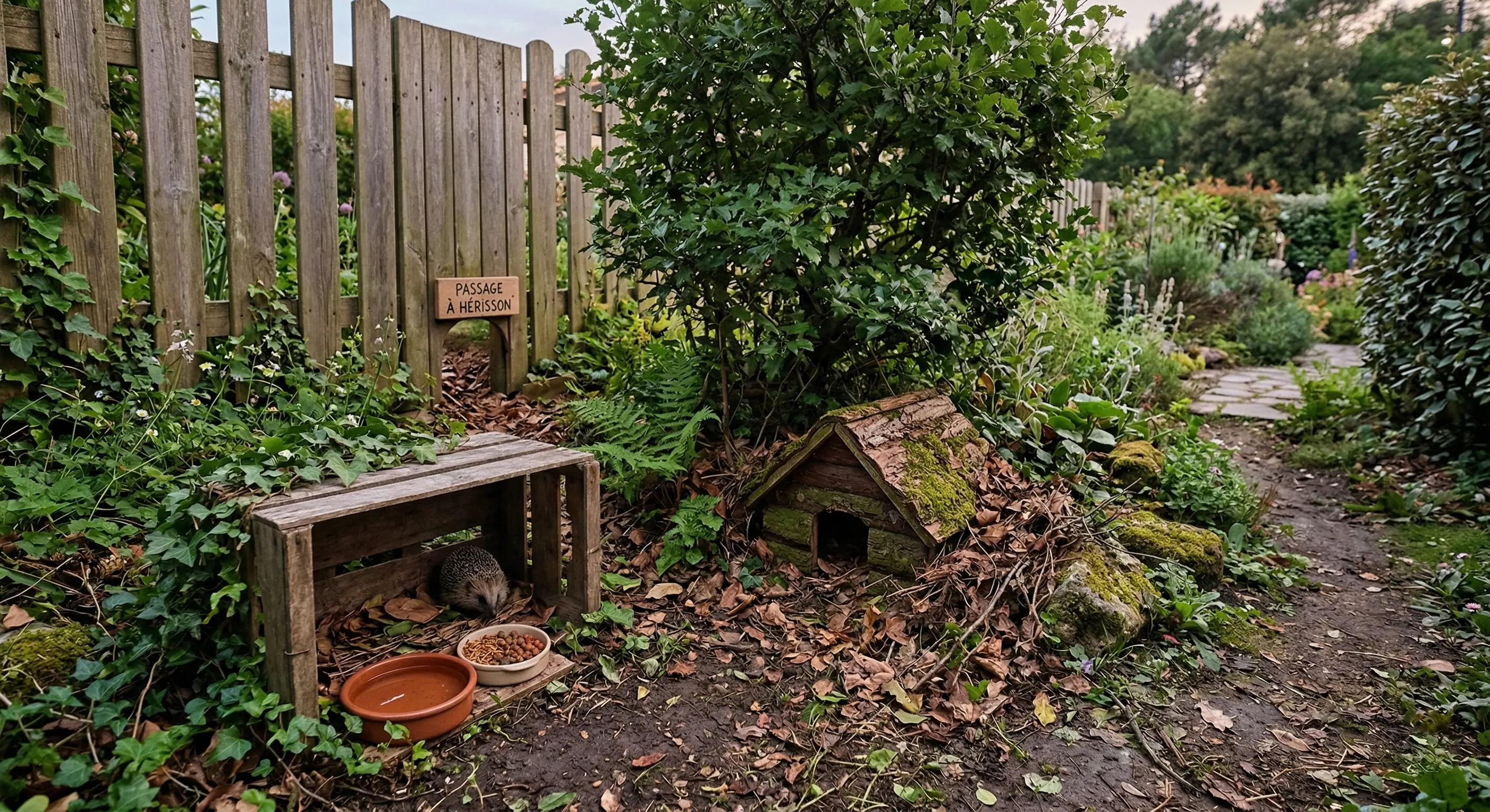 Jardin aménagé avec passage à hérisson et abri en bois