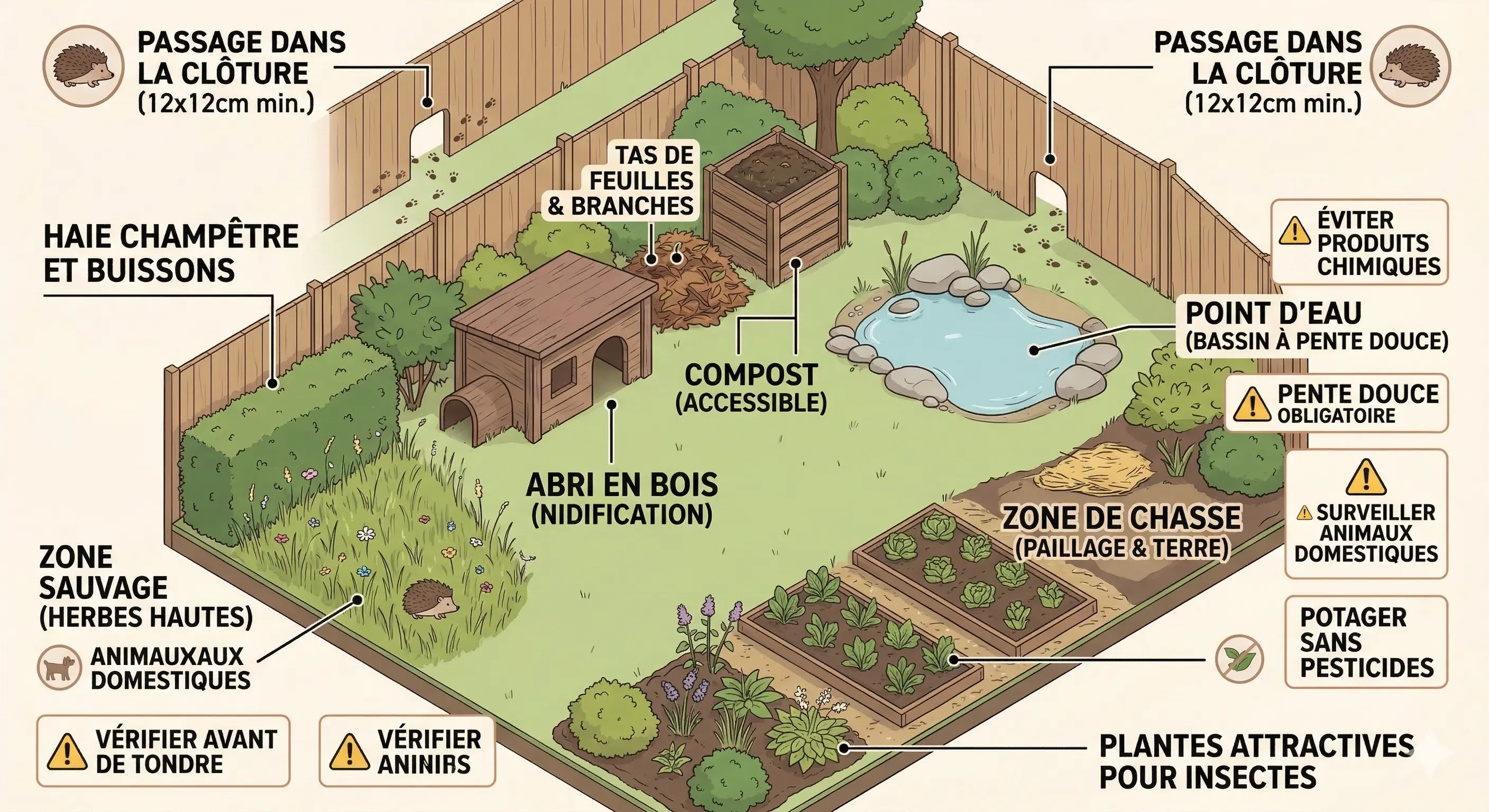Vue aérienne isométrique d'un jardin refuge urbain pour hérissons avec passage dans la clôture, abri en bois, point d'eau et zone sauvage