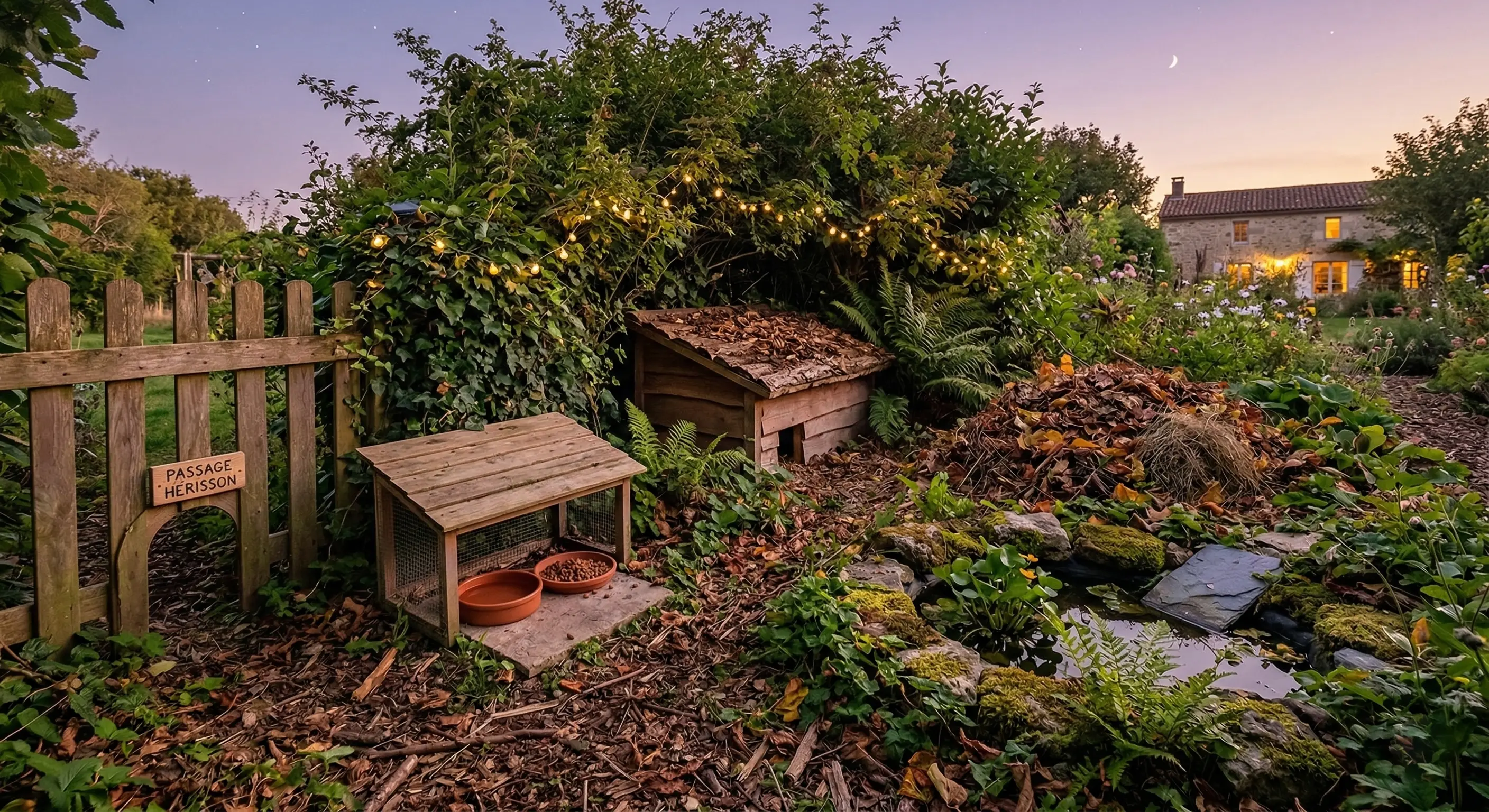 Jardin refuge idéal pour hérisson avec abri et point d'eau