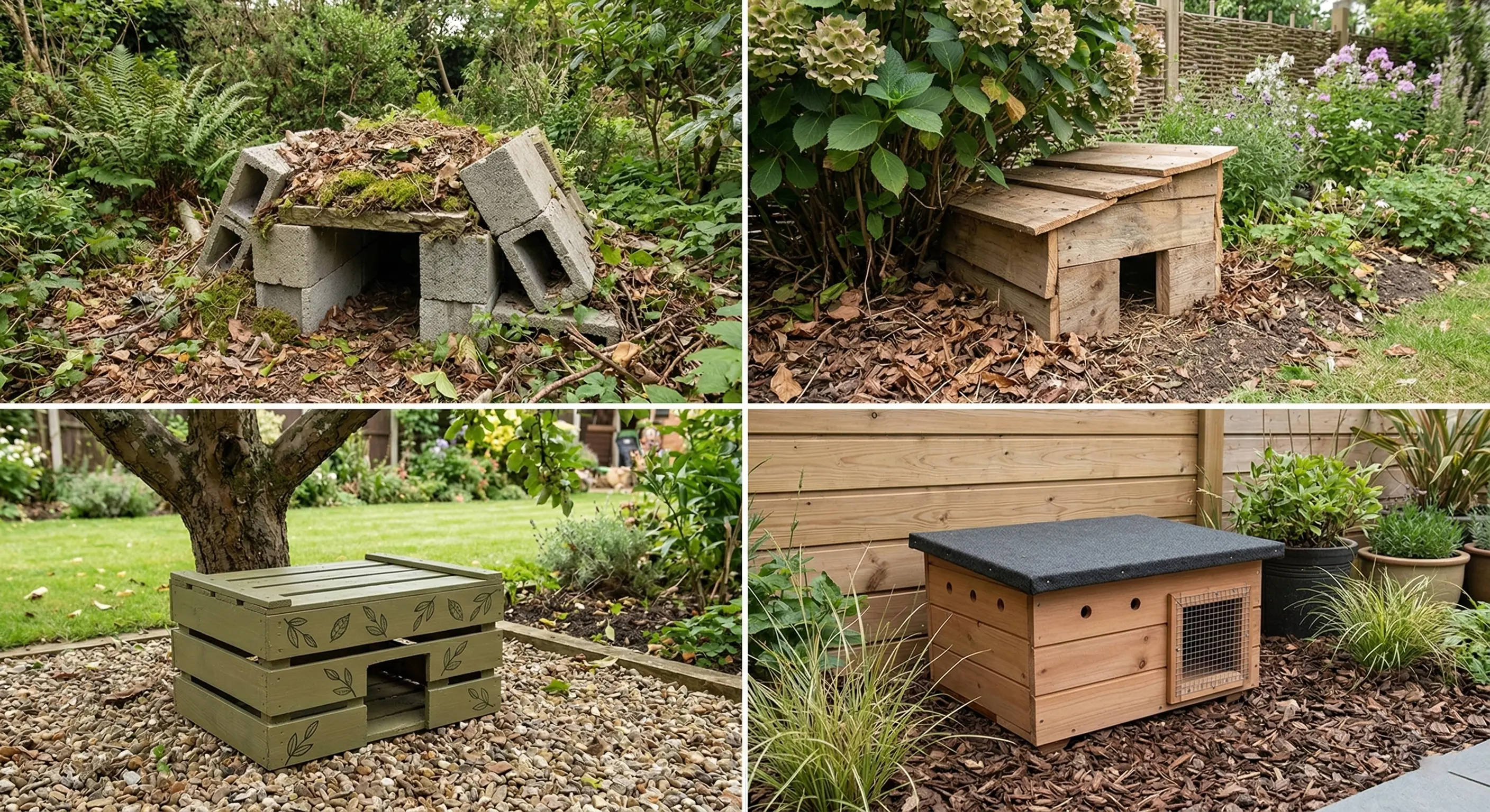 Montage de 4 photos d'abris pour hérisson réalisés par des particuliers dans des jardins différents