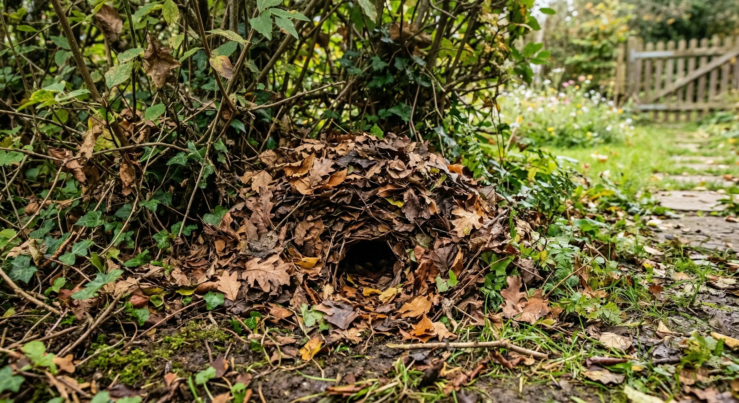 Nid de hérisson au pied d'une haie avec des feuilles mortes en dôme