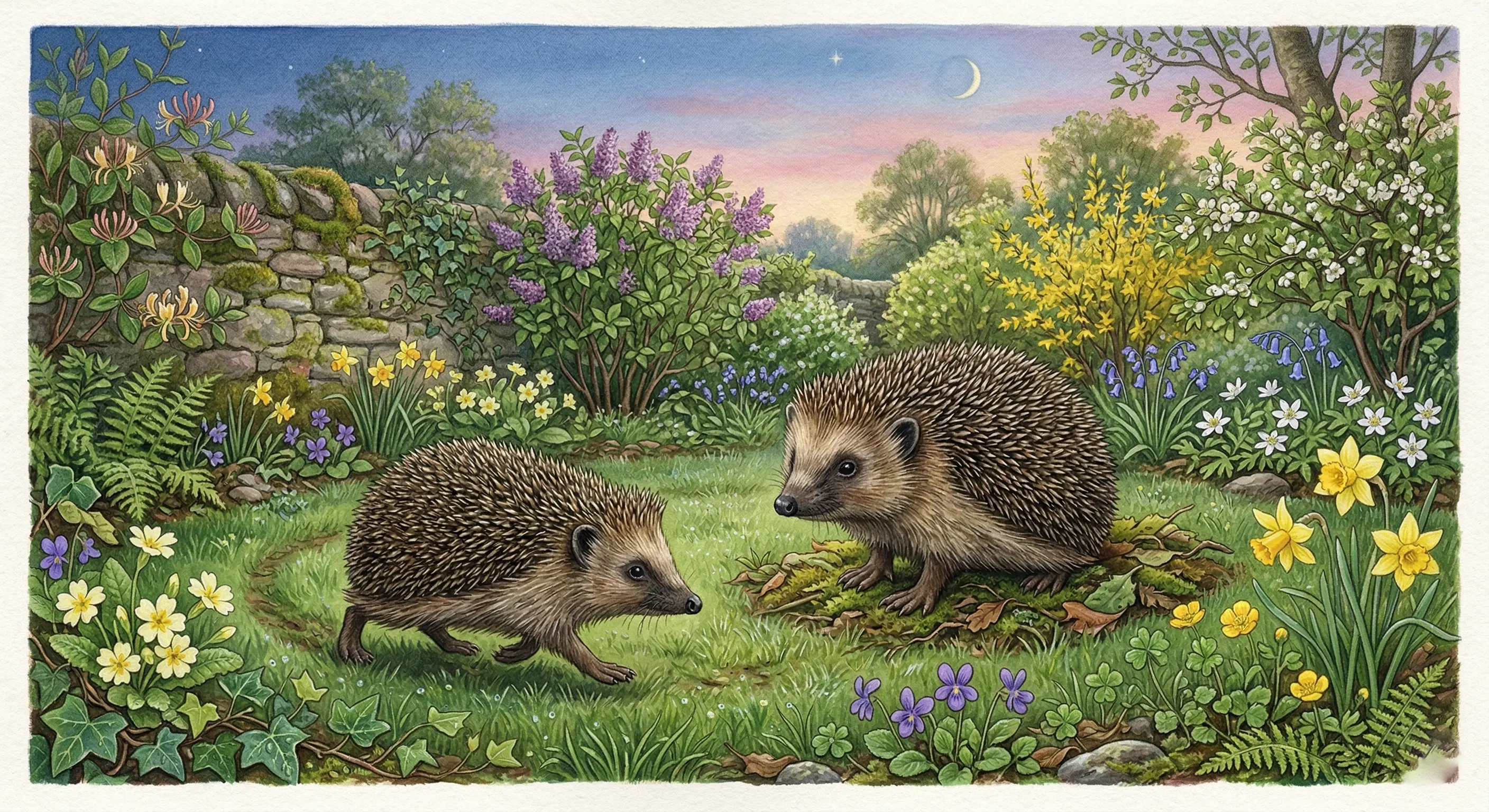 Illustration de deux hérissons pendant la parade nuptiale au crépuscule