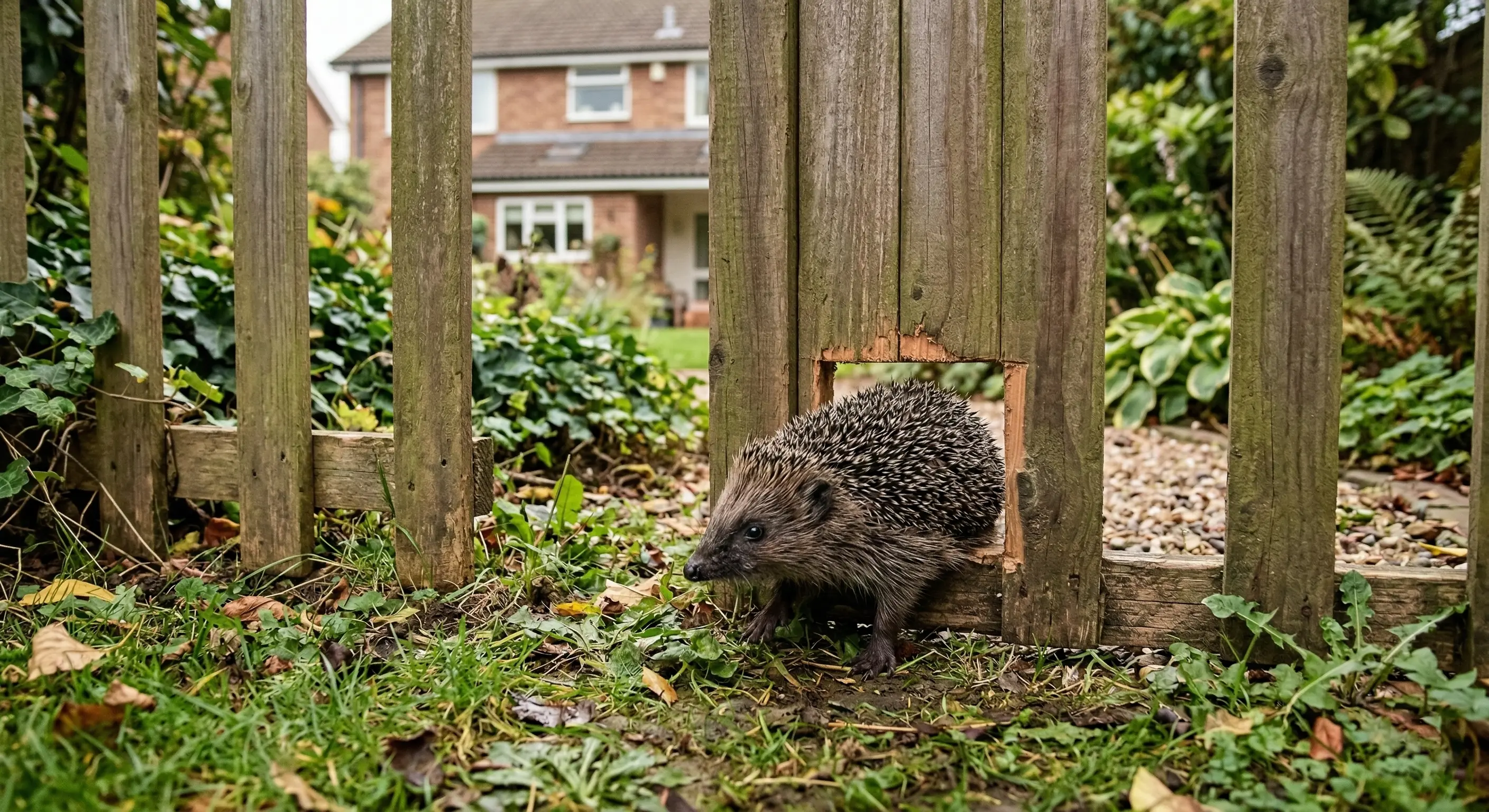 Passage pour hérisson de 13 cm découpé dans le bas d'une clôture de jardin en bois, un hérisson passant à travers