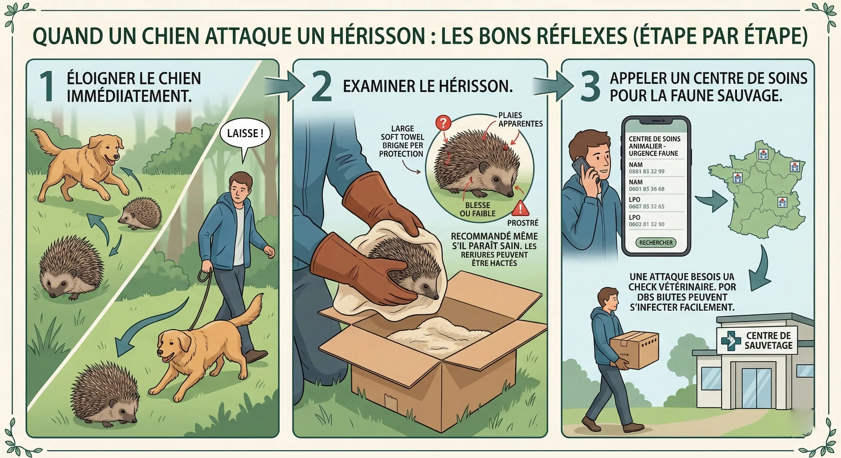 Infographie des bons réflexes quand un chien attaque un hérisson