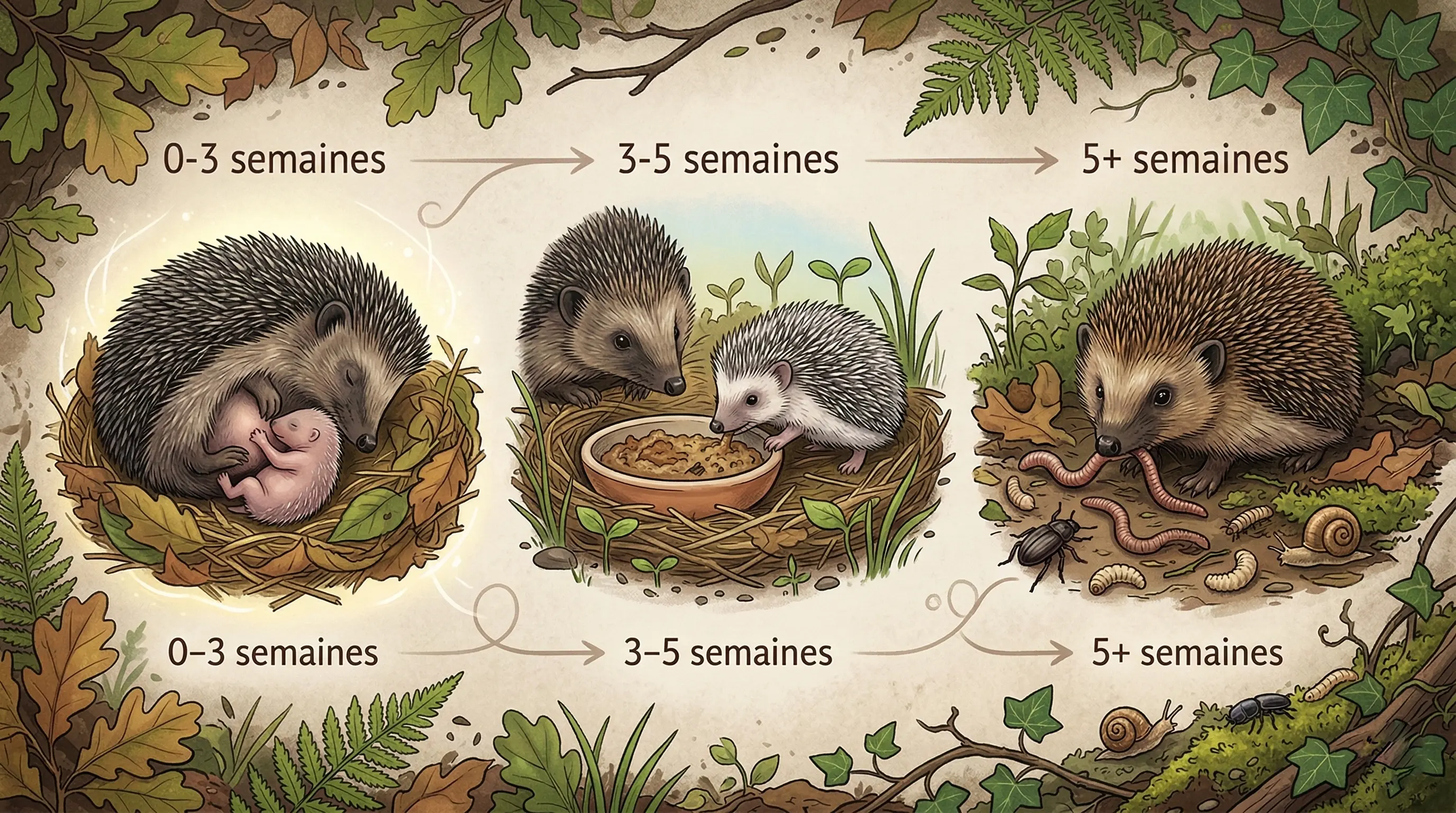 Schéma illustrant le régime alimentaire du bébé hérisson par stade