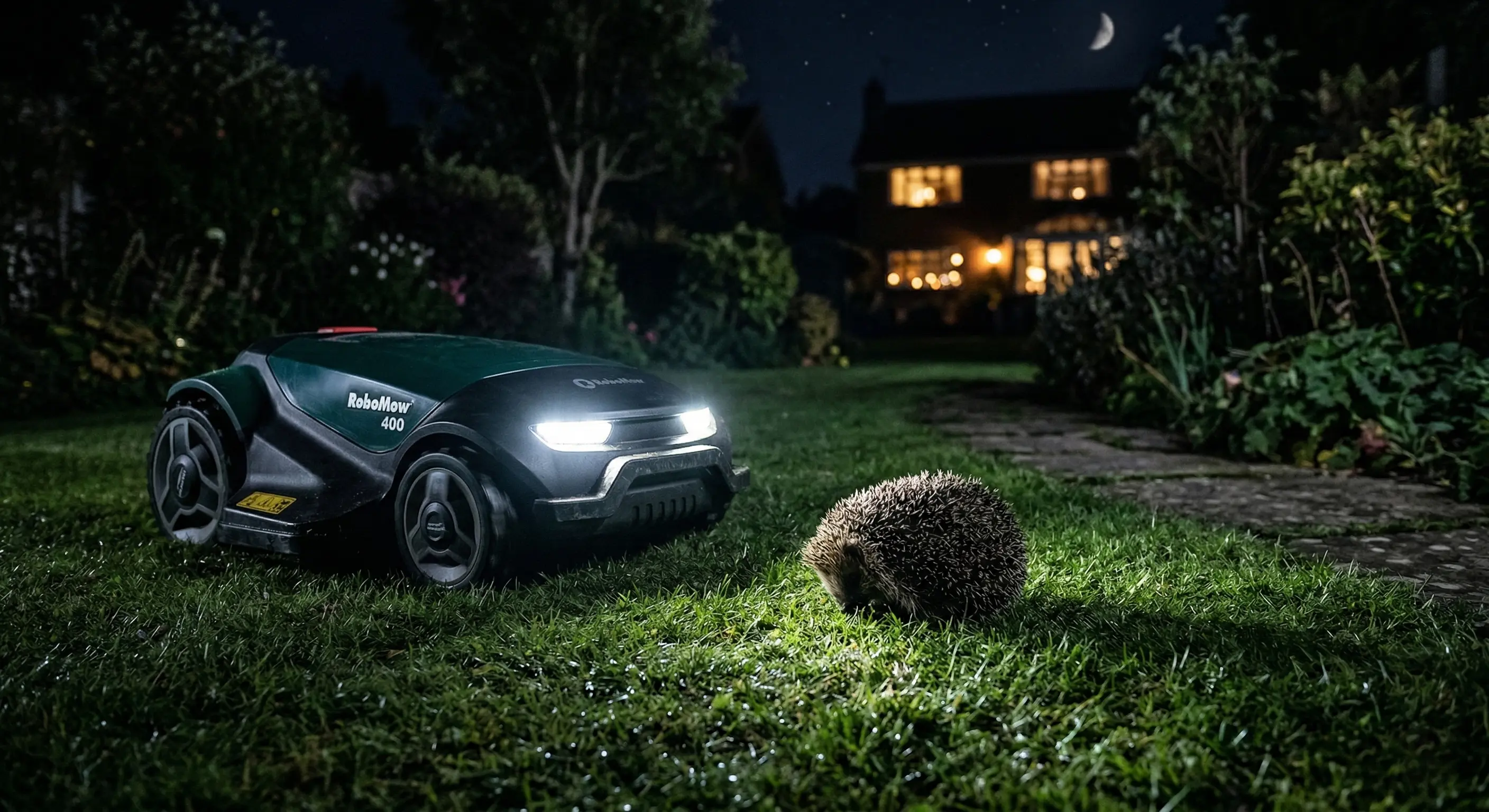 Robot tondeuse automatique dans un jardin de nuit avec un hérisson en boule devant la machine, montrant le danger imminent