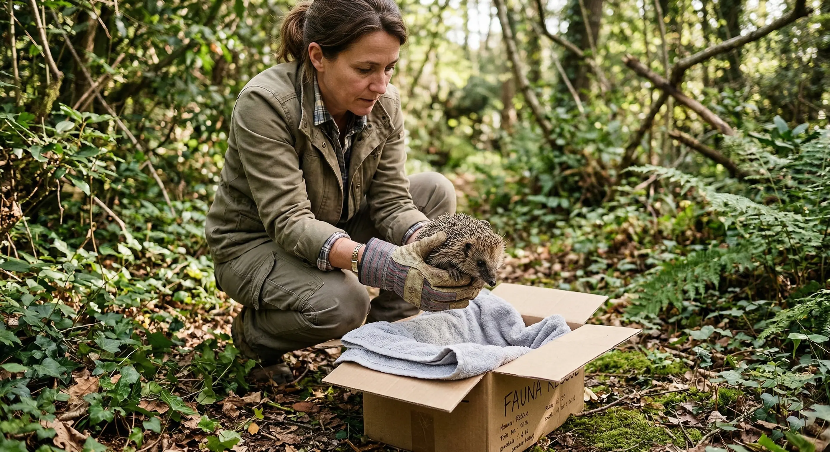 Personne portant des gants de jardinage soulevant délicatement un hérisson blessé