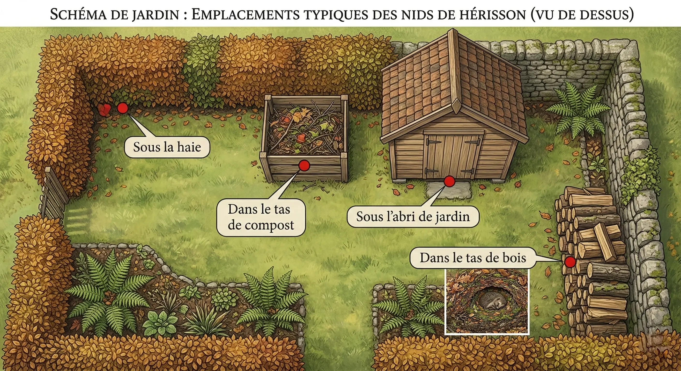Schéma d'un jardin vu de dessus avec les emplacements typiques des nids de hérisson