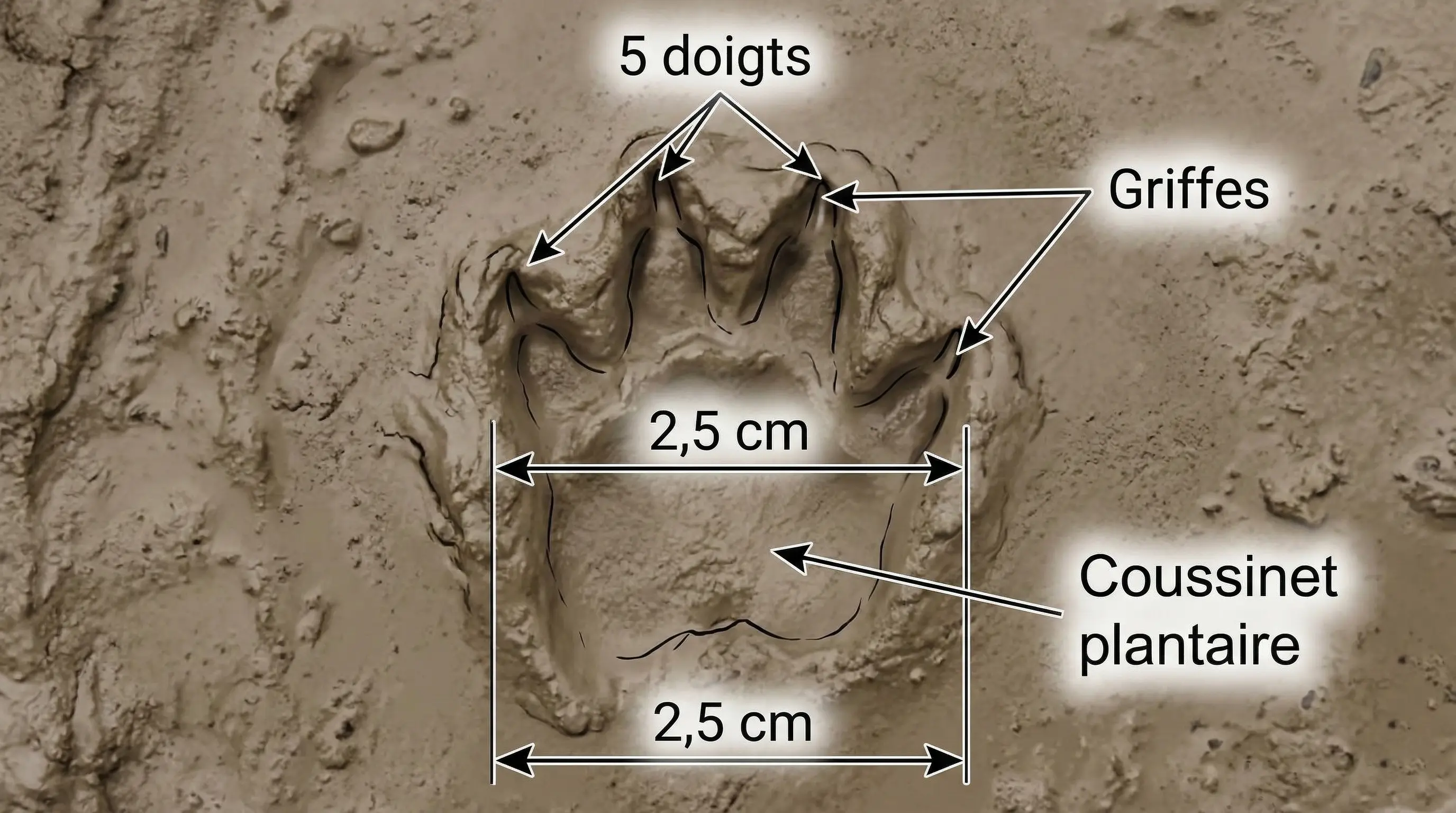 Schéma scientifique annoté d'une empreinte de hérisson dans la boue