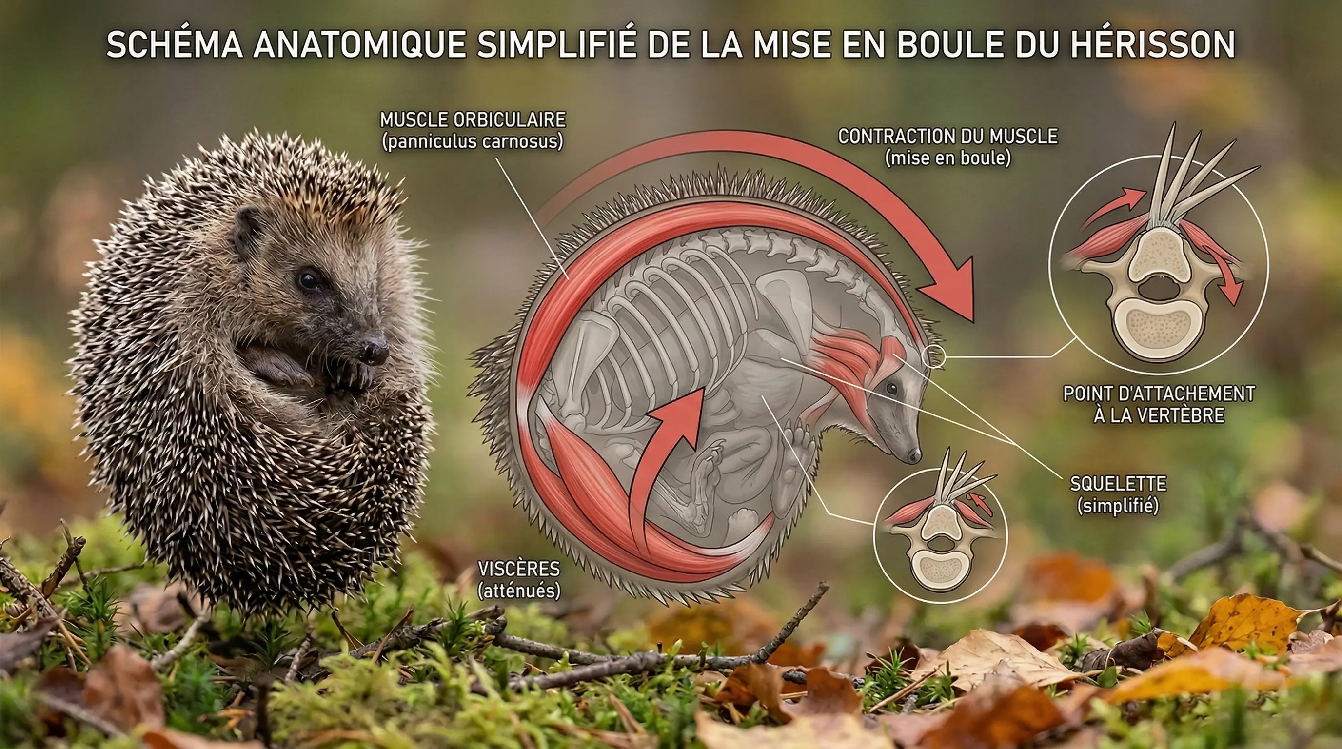 Schéma anatomique du muscle orbiculaire du hérisson montrant la contraction qui le referme en boule